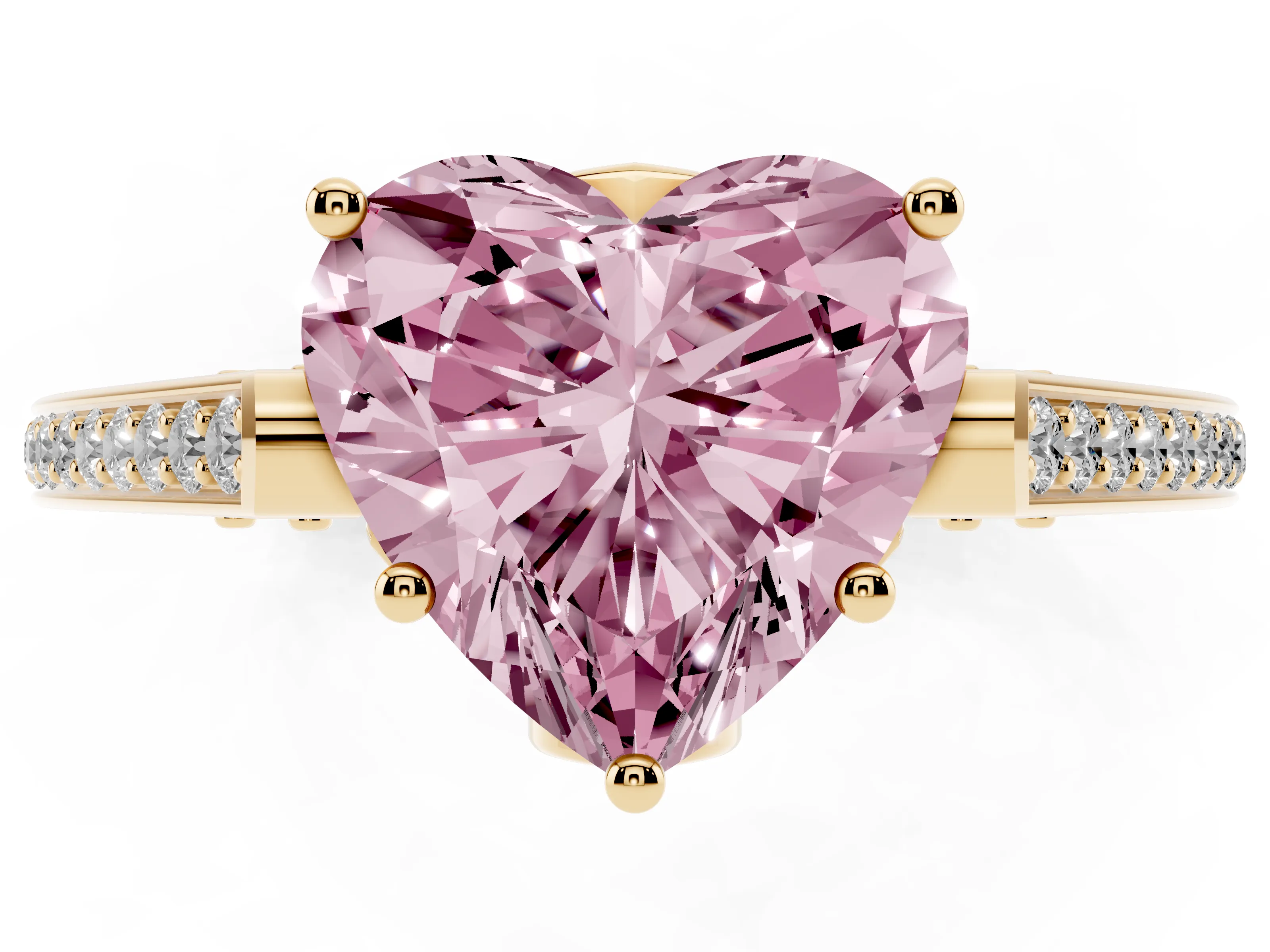 Fancy Pink Heart Cut Diamond Cathedral Pavé Engagement Ring Set in Yellow gold with Prong Setting