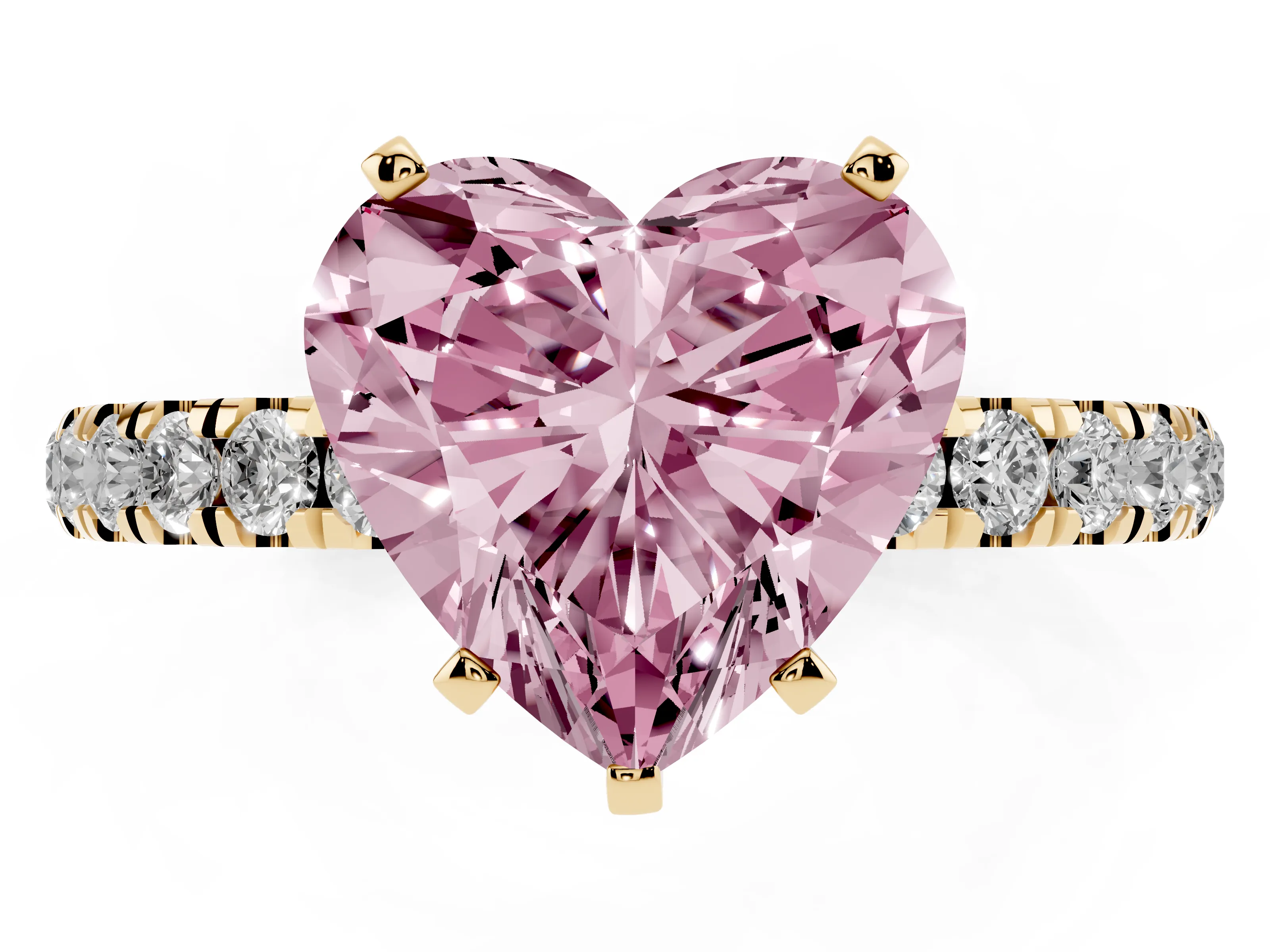 Fancy Pink Heart Cut Diamond Solitaire Ring Set in Yellow gold with Pavé Accents and Prong Setting