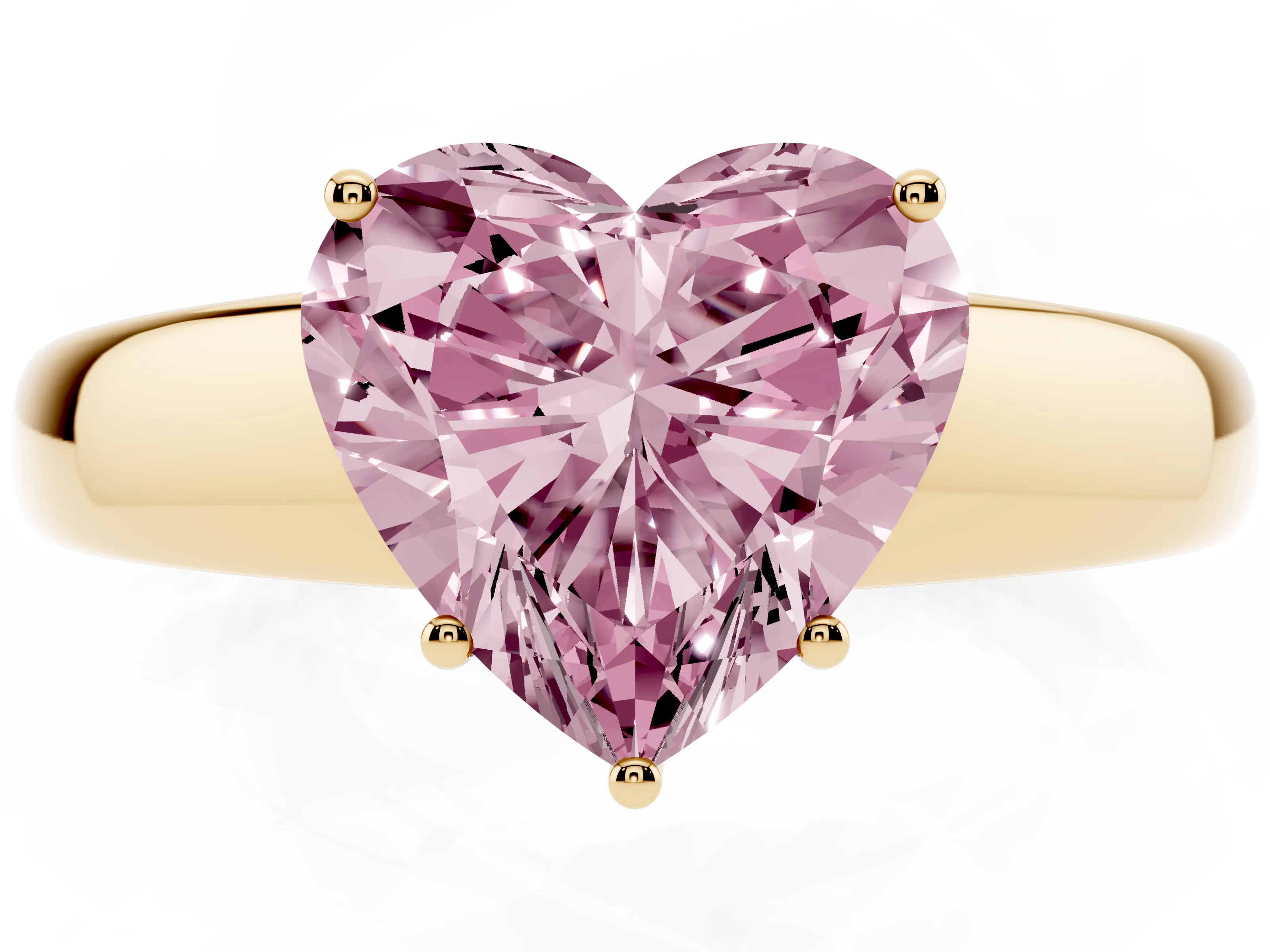 Fancy Pink Heart Cut Diamond Solitaire Ring Set in Yellow gold with Tapered Band and Prong Setting