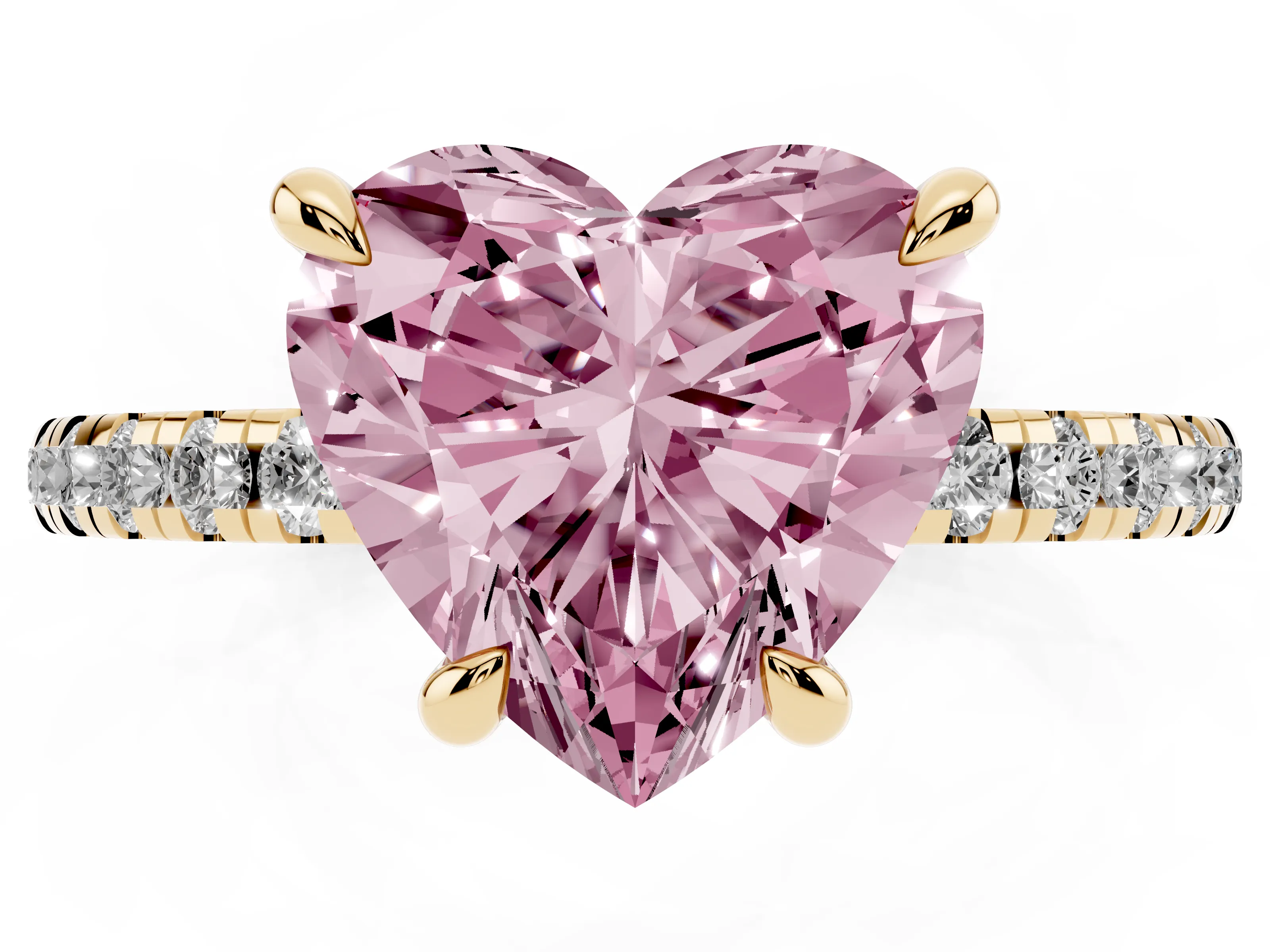 Fancy Pink Heart Cut Diamond Brilliant Solitaire Ring Set in Yellow gold with Pavé Band and Prong Setting