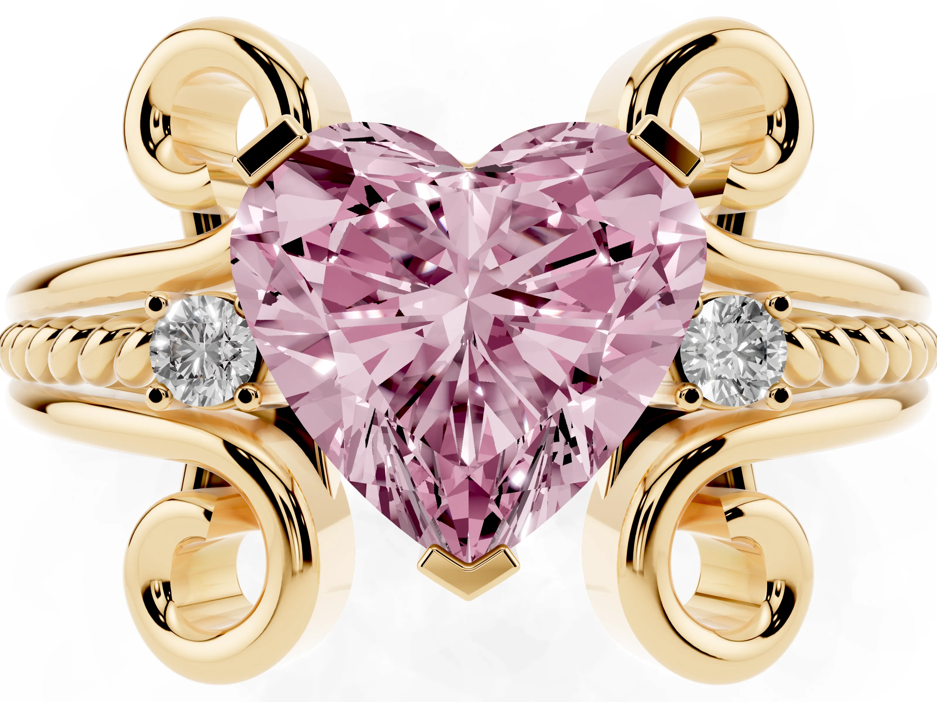 Fancy Pink Heart Cut Diamond Twisted Band Solitaire Ring Set in Yellow gold with Scroll Prongs
