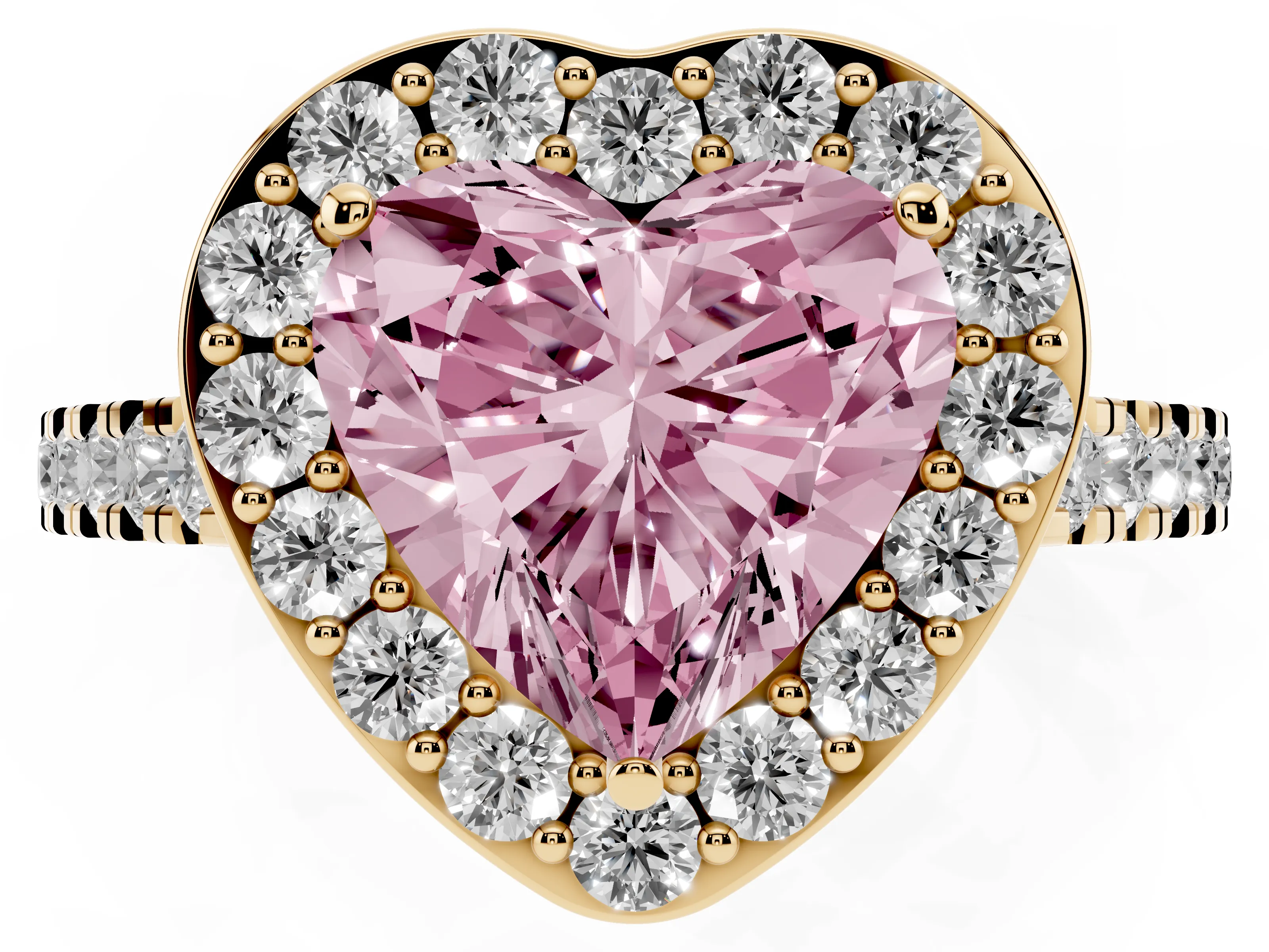 Fancy Pink Heart Cut Diamond Halo Ring Set in Yellow gold with Round Pavé Split Shank and Prong Setting