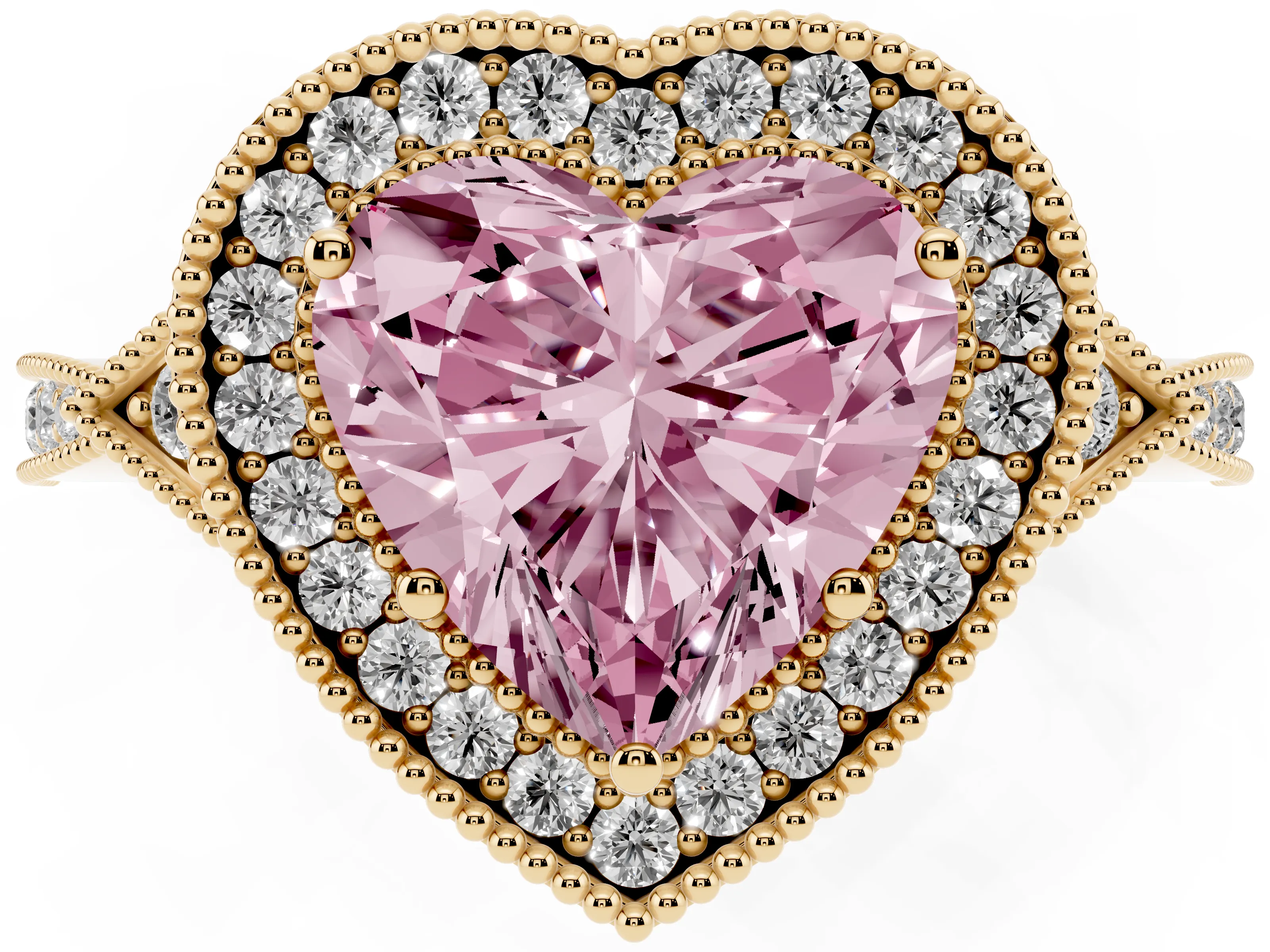 Fancy Pink Heart Cut Diamond Halo Engagement Ring Set in Yellow gold with Milgrain Pavé Band
