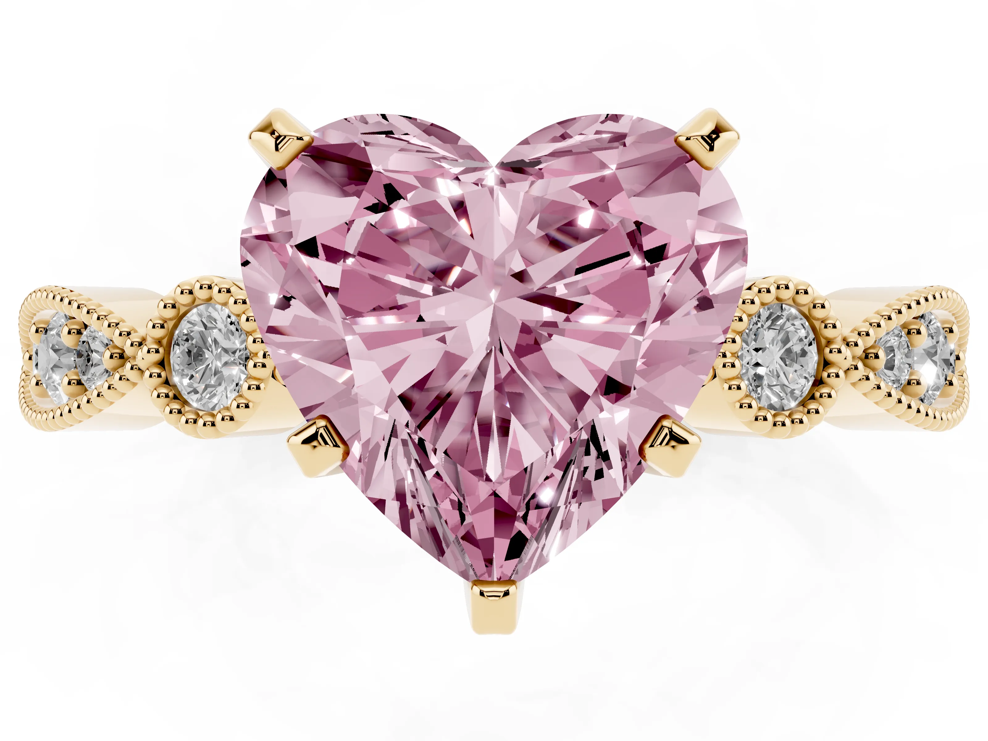 Fancy Pink Heart Cut Diamond Solitaire Engagement Ring Set in Yellow gold with Milgrain Bezel Accent Band