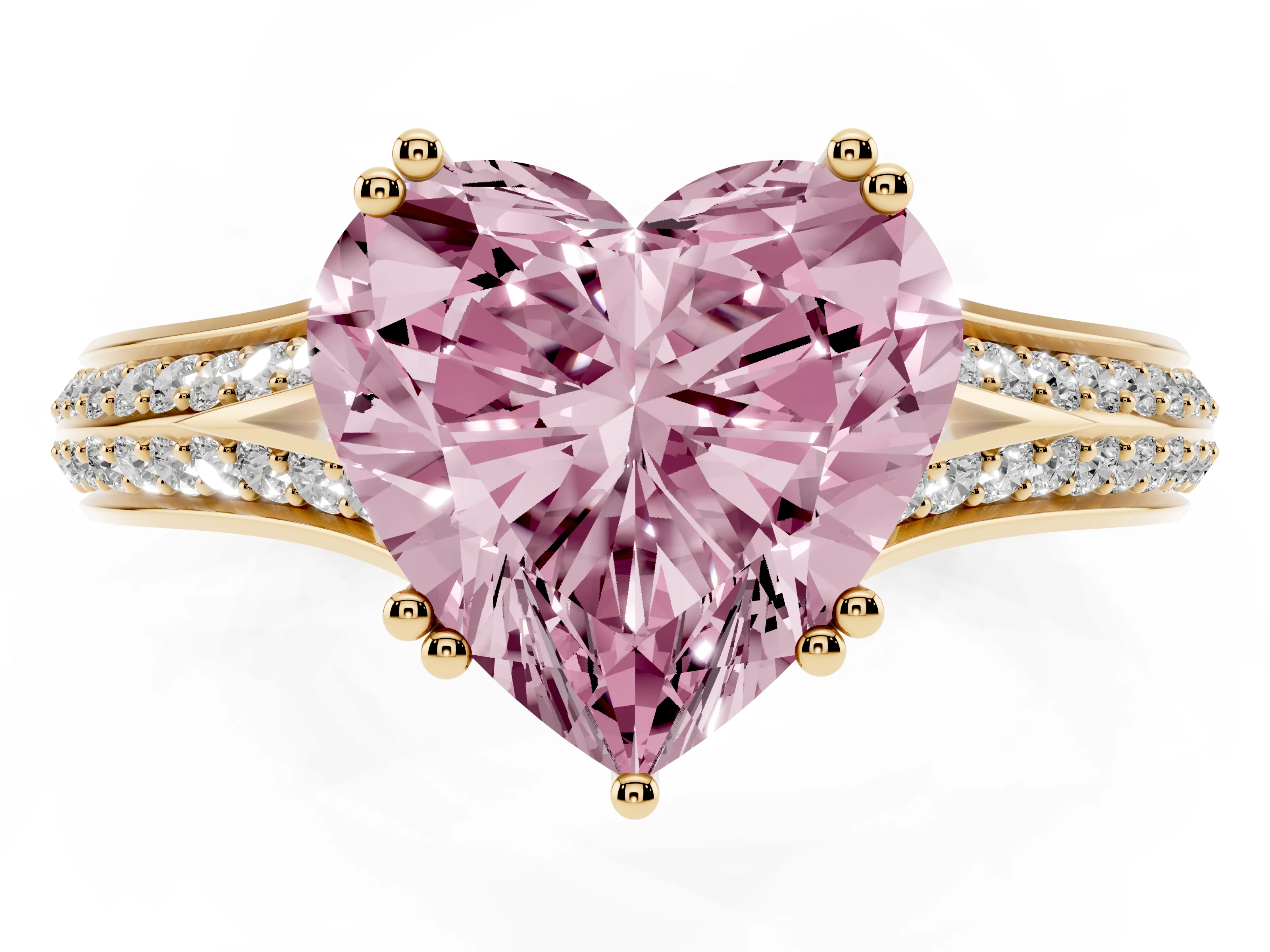 Fancy Pink Heart Cut Diamond Split Shank Pavé Engagement Ring Set in Yellow gold with Prong-Set Center Stone