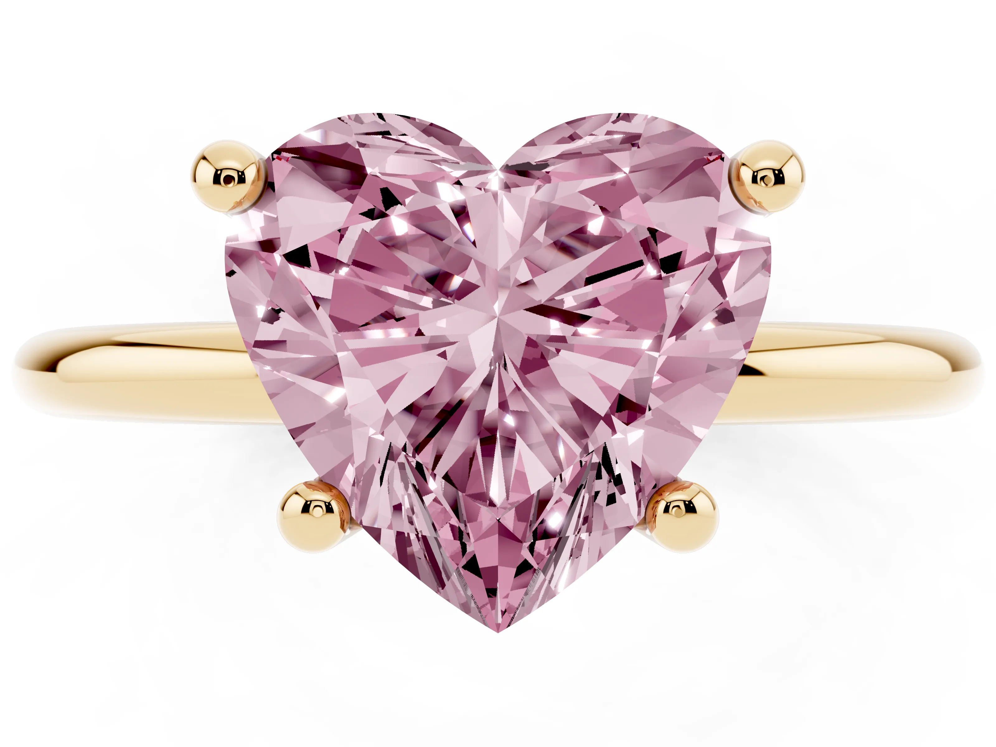 Fancy Pink Heart Cut Diamond Solitaire Ring Set in Yellow gold with Secure Prong Setting on a Classic Band