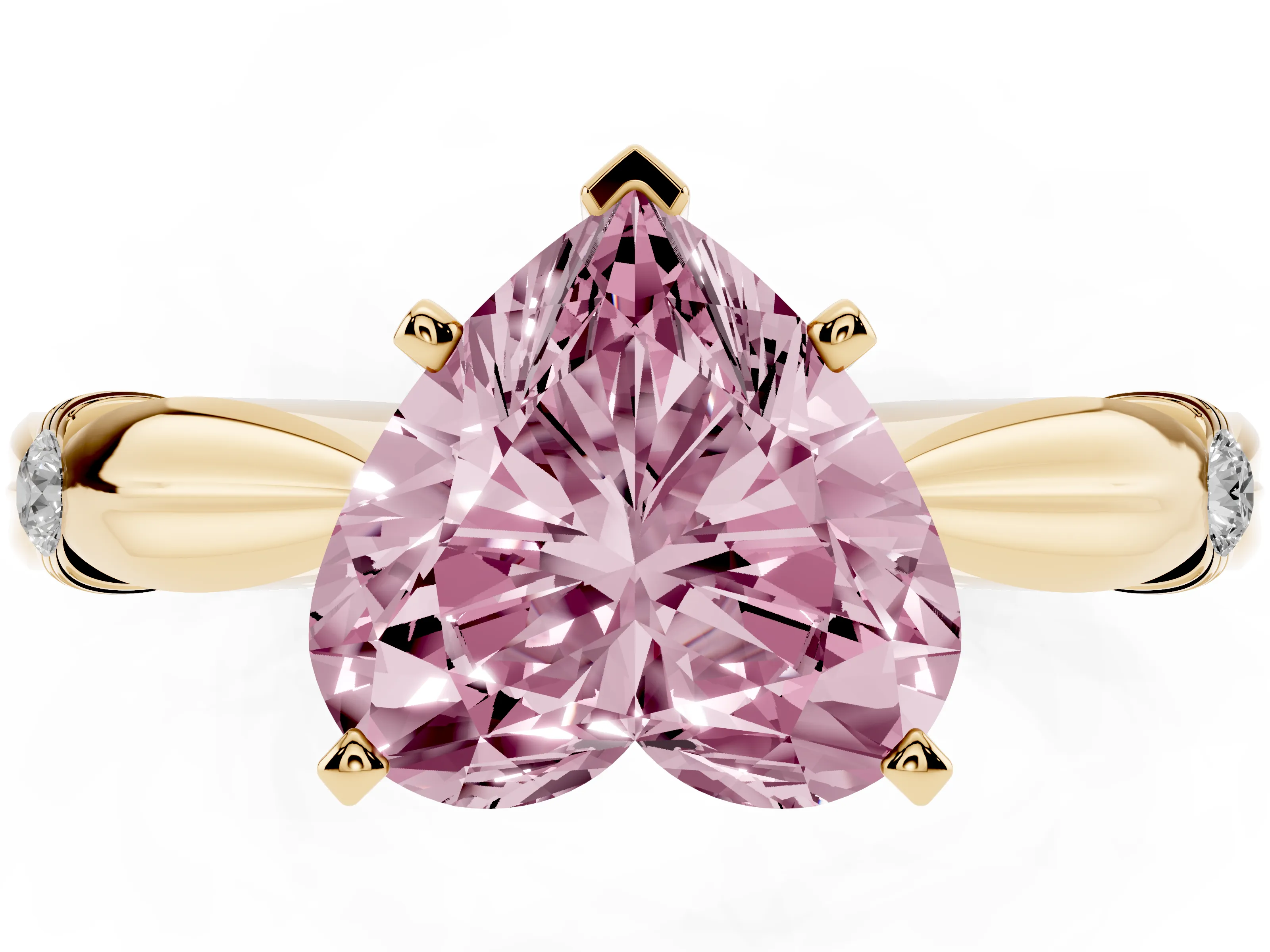 Fancy Pink Heart Cut Diamond Solitaire Twisted Band Ring Set in Yellow gold with Accent Stones and Prong Setting