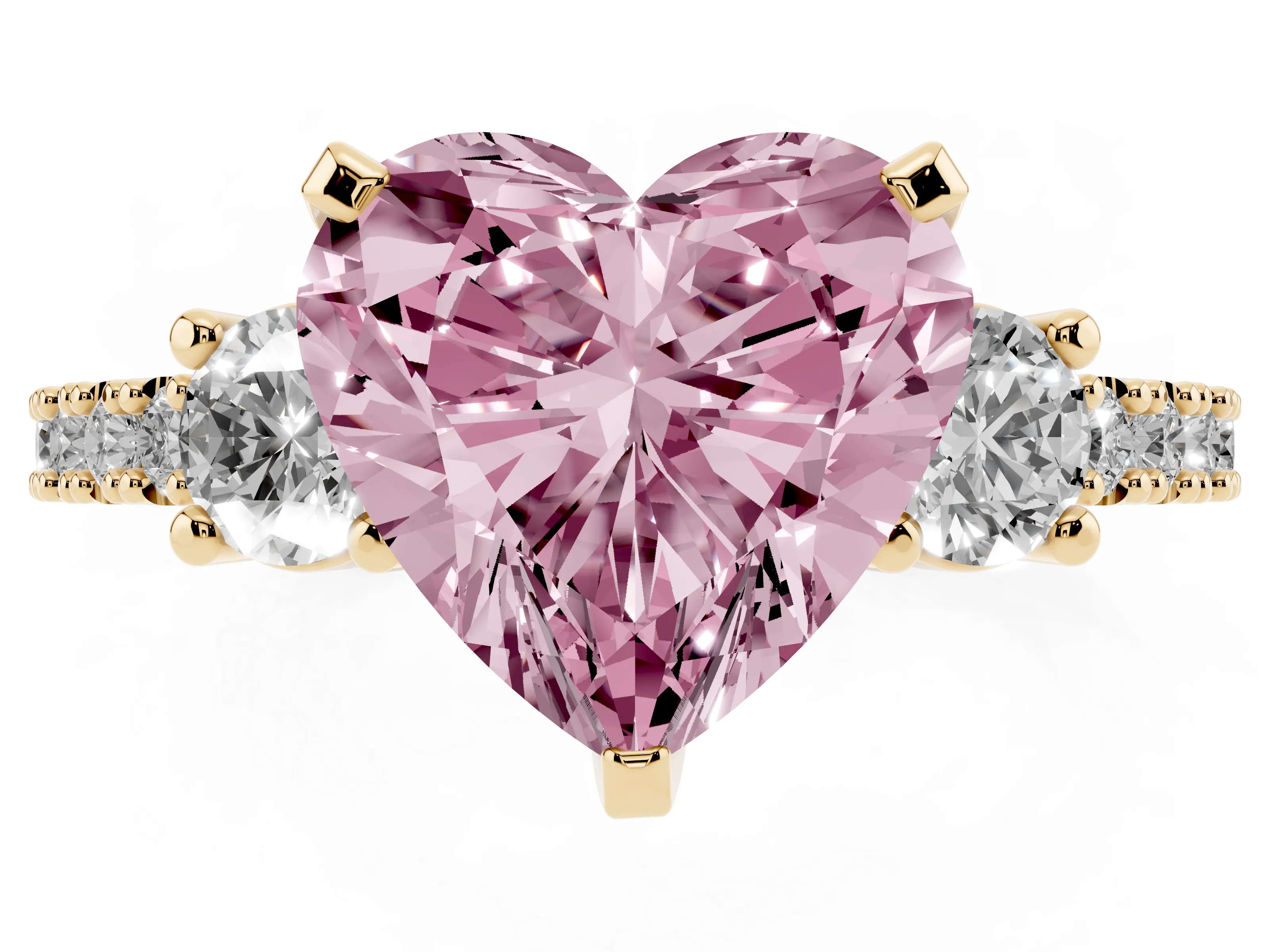 Fancy Pink Three-Stone Heart Cut Diamond Pavé Band Ring Set in Yellow gold with Prong Setting