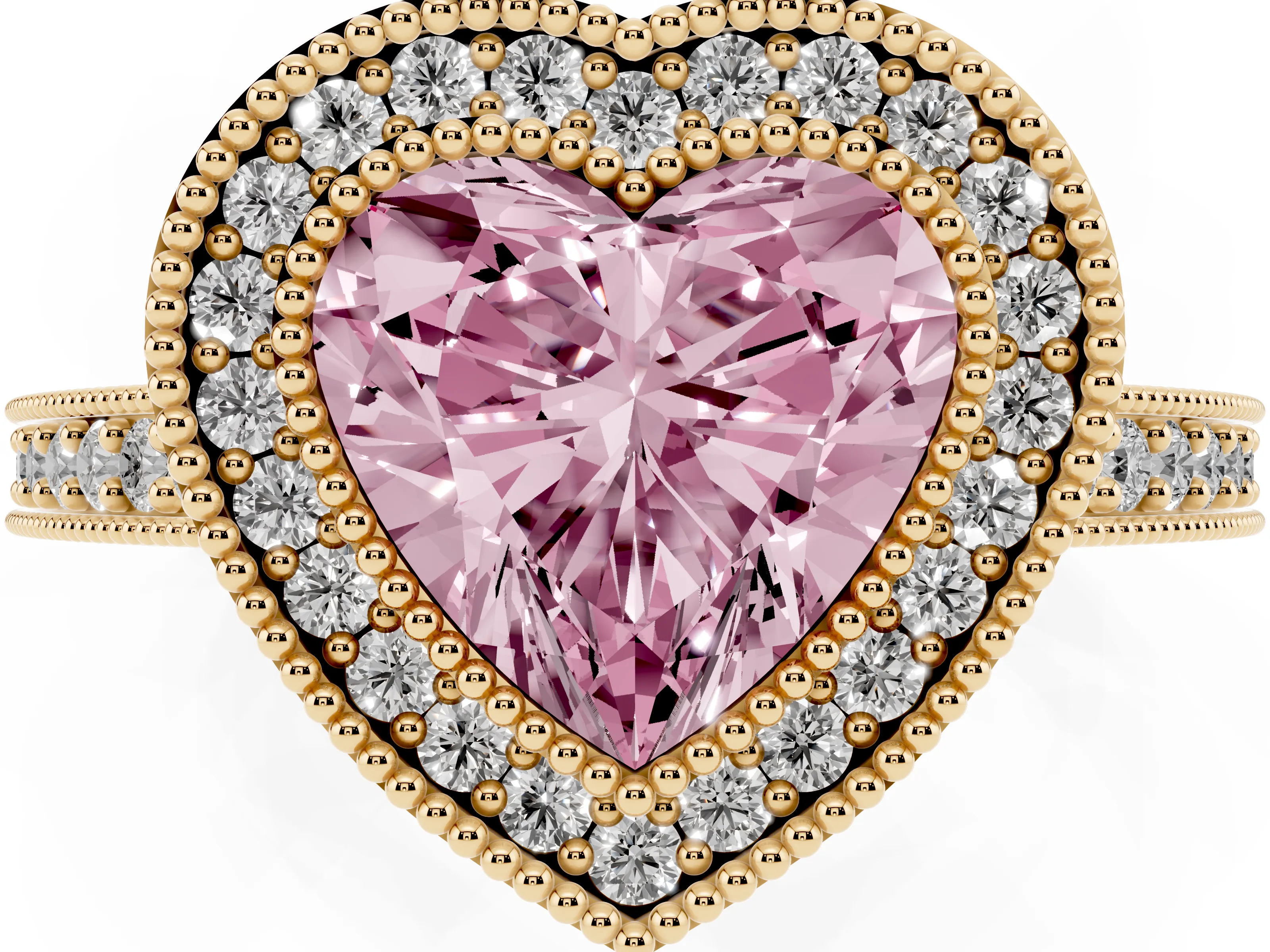 Fancy Pink Heart Cut Diamond Halo Engagement Ring Set in Yellow gold with Pavé Band and Round Halo Stones