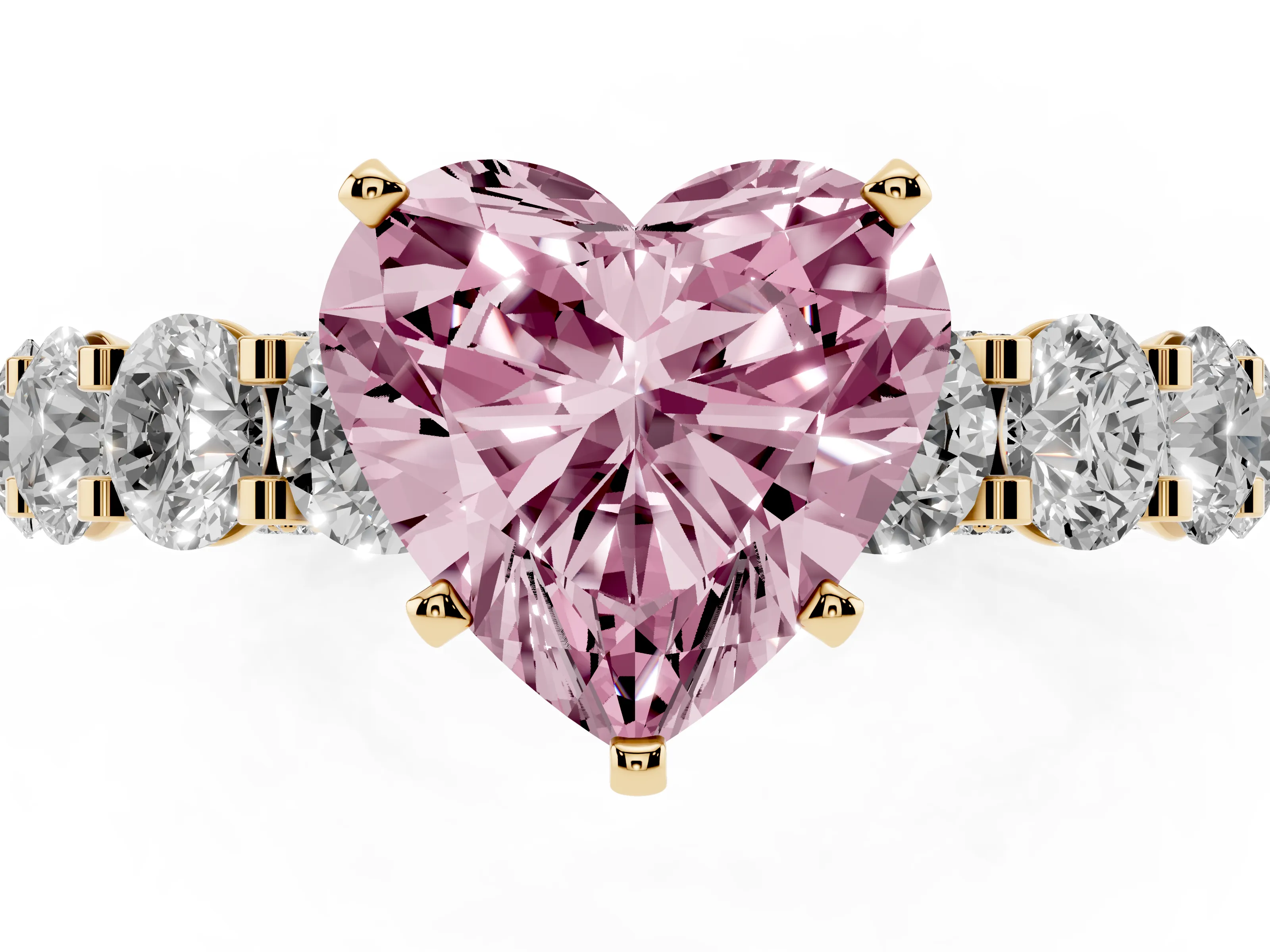 Fancy Pink Heart Cut Diamond Side Stone Ring Set in Yellow gold with Alternating Round and Oval Side Stones