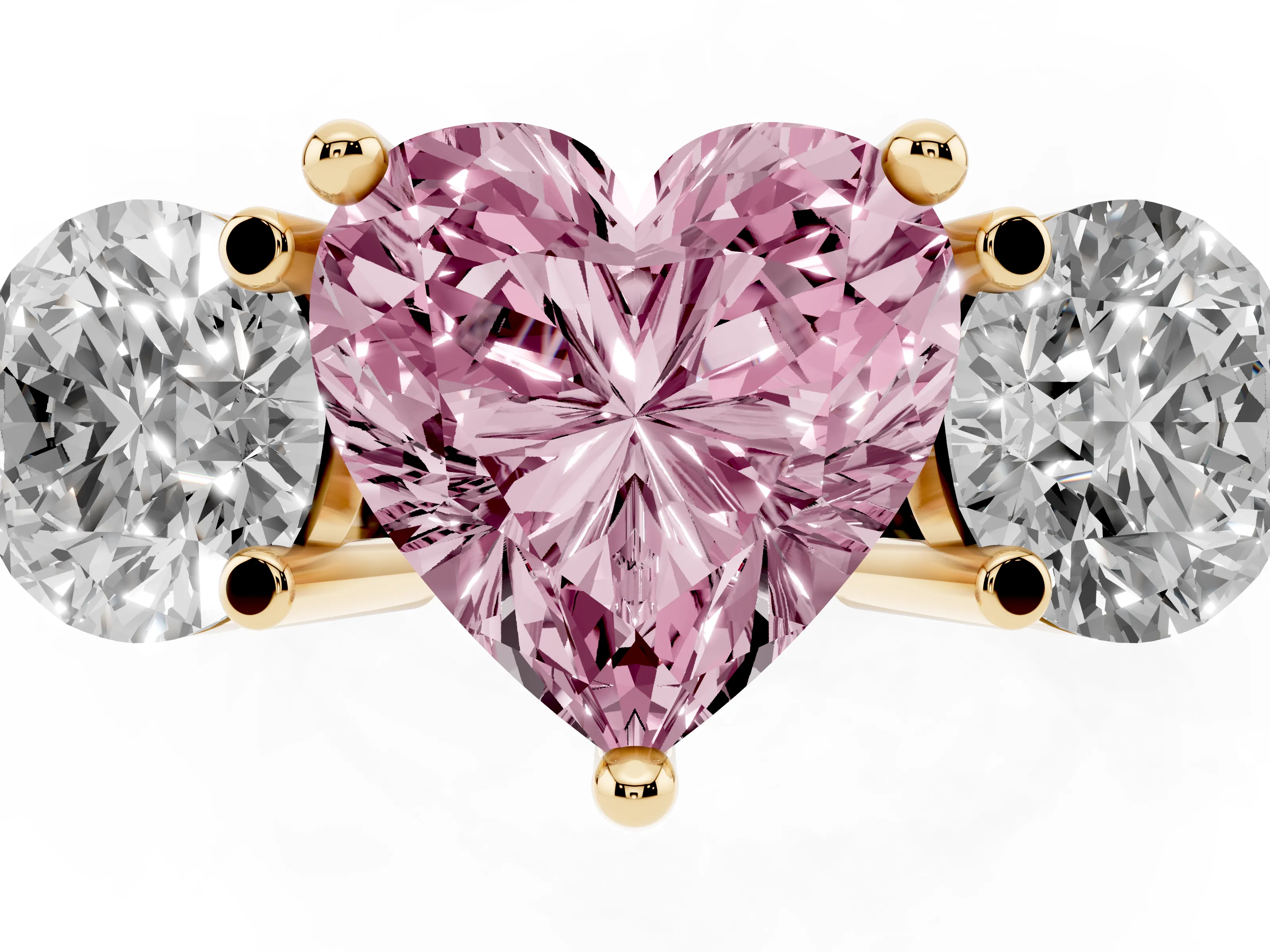 Fancy Pink Heart Cut Diamond Three-Stone Ring Set in Yellow gold with Prong Setting and Classic Band