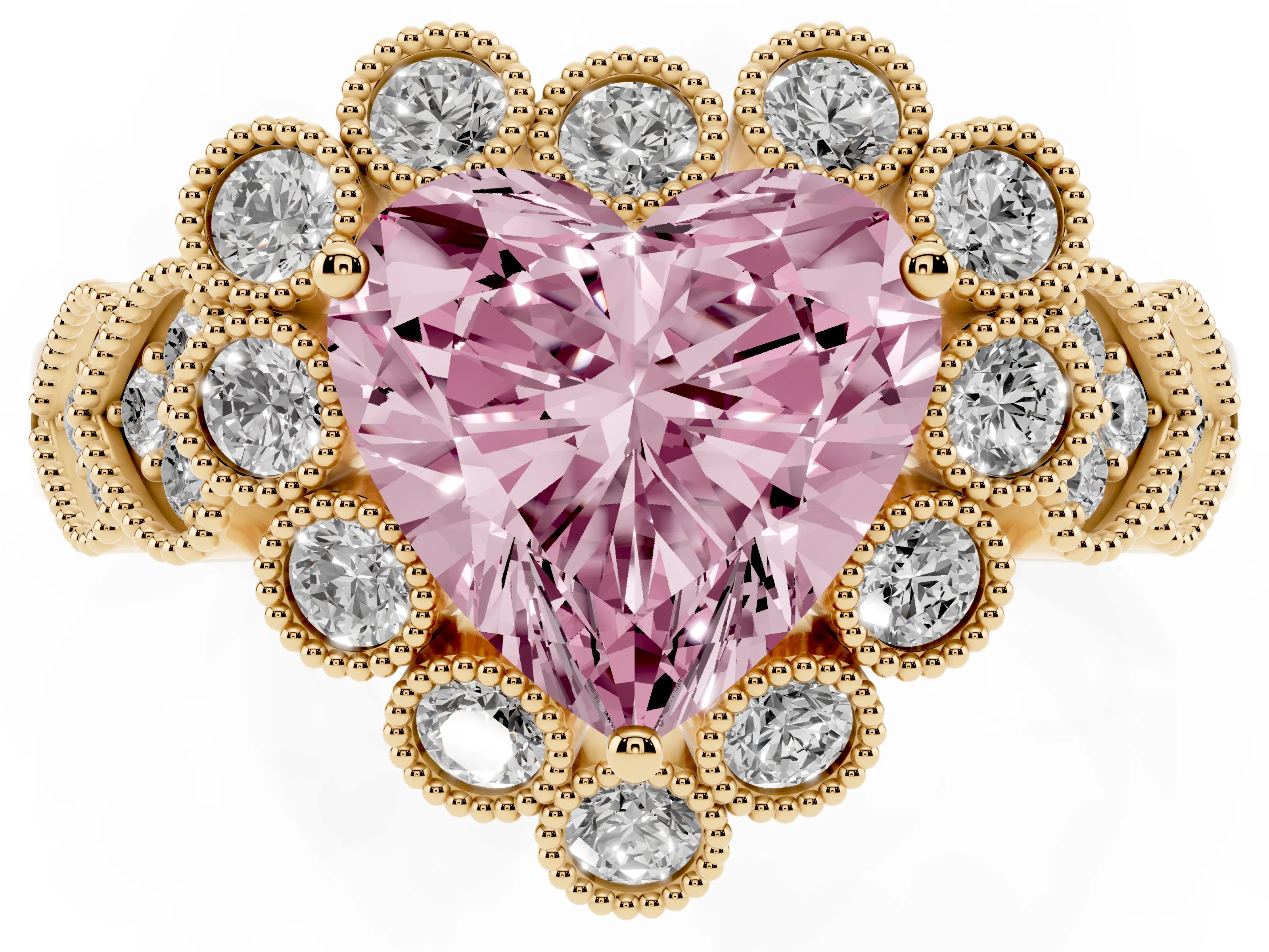 Fancy Pink Heart Cut Diamond Solitaire Ring Set in Yellow gold with Milgrain Pavé Heart Band