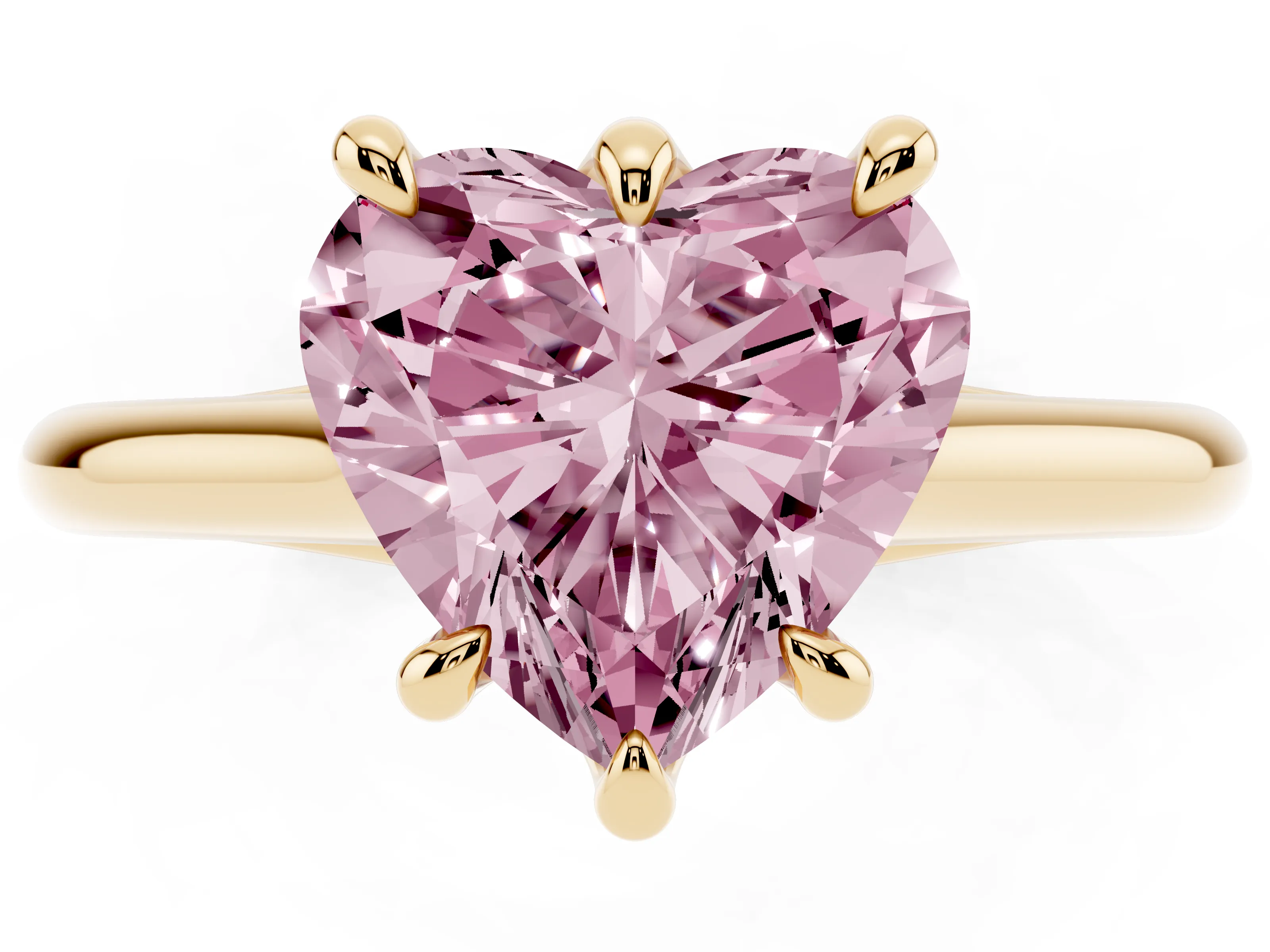 Fancy Pink Heart Cut Diamond Solitaire Engagement Ring Set in Yellow gold with Prong Setting and Plain Classic Band