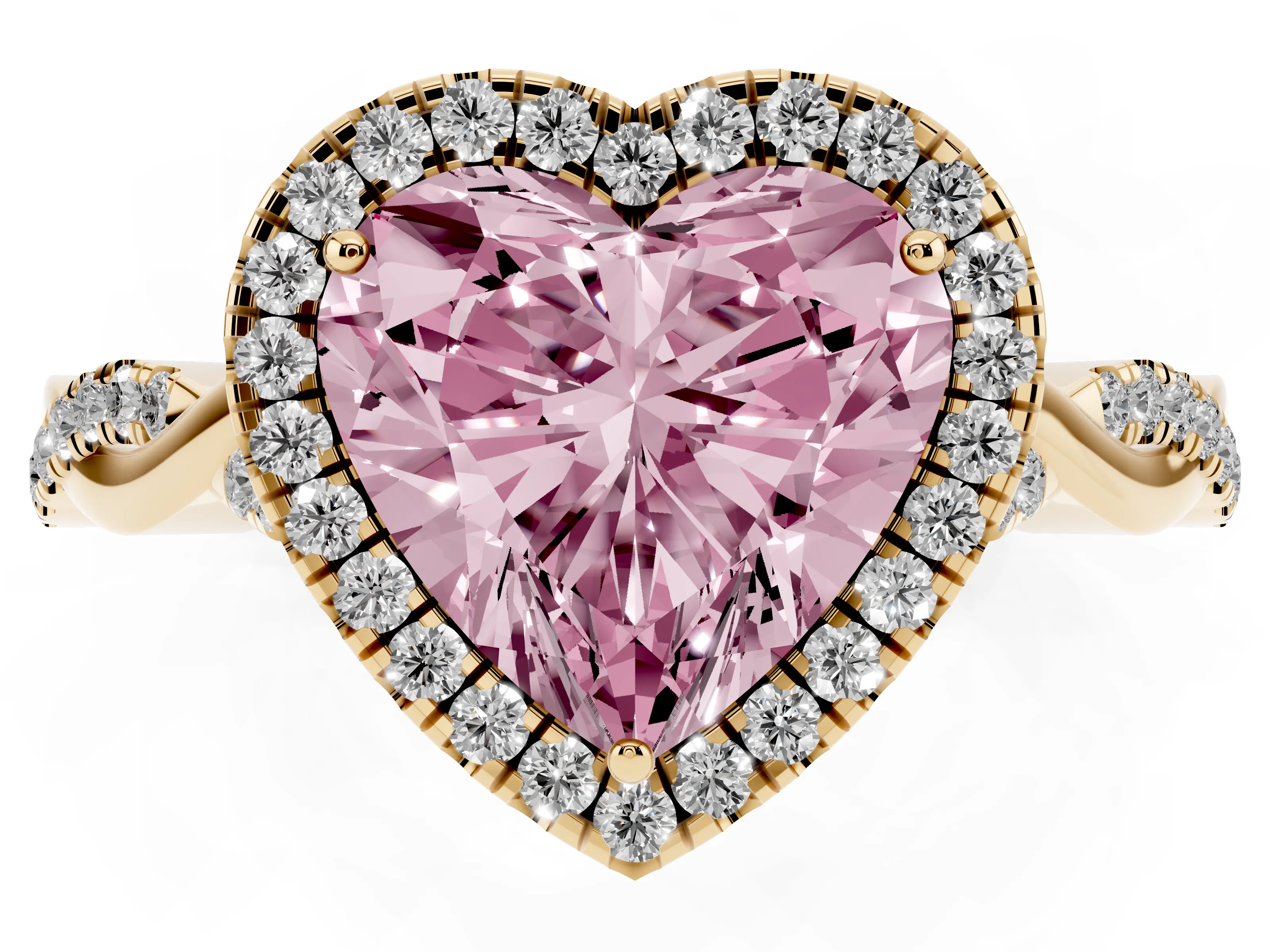 Fancy Pink Heart Cut Diamond Halo Twist Band Solitaire Ring Set in Yellow gold with Prong Setting