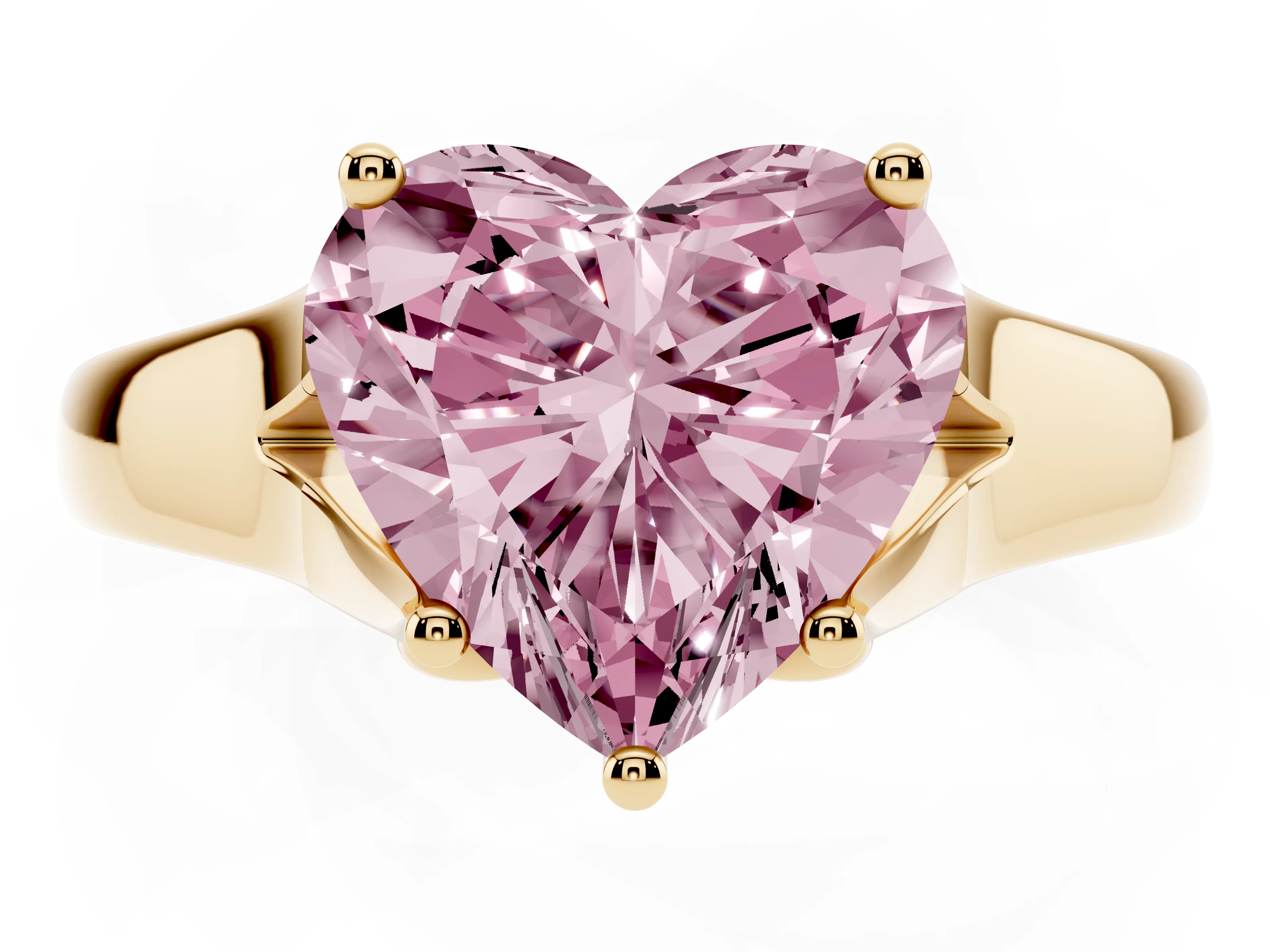 Fancy Pink Heart Cut Diamond Solitaire Ring Set in Yellow gold with Arched Cathedral Band and Prong Setting