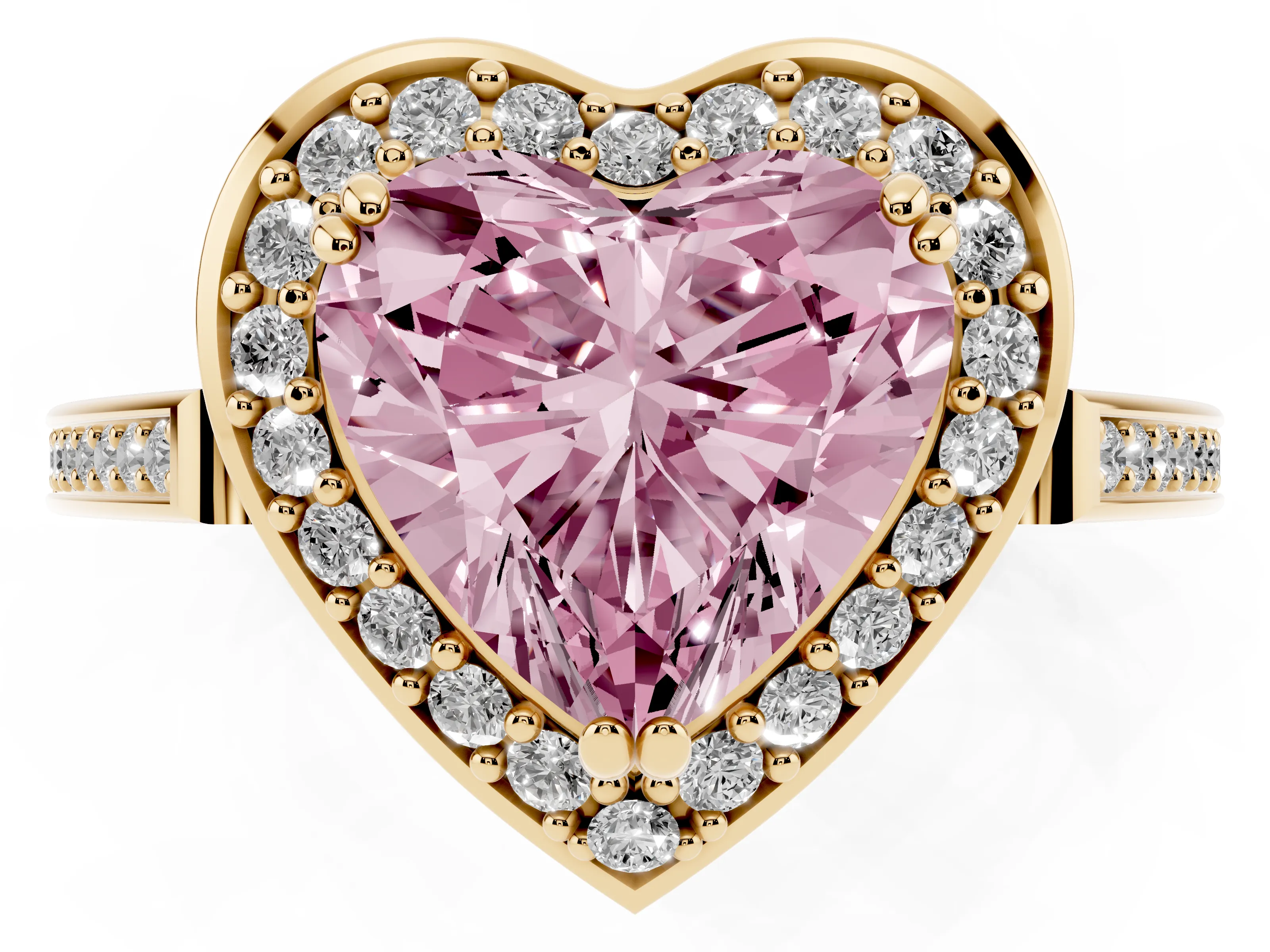 Fancy Pink Heart Cut Diamond Halo Ring Set in Yellow gold with Accent-Lined Split Shank and Prong Setting