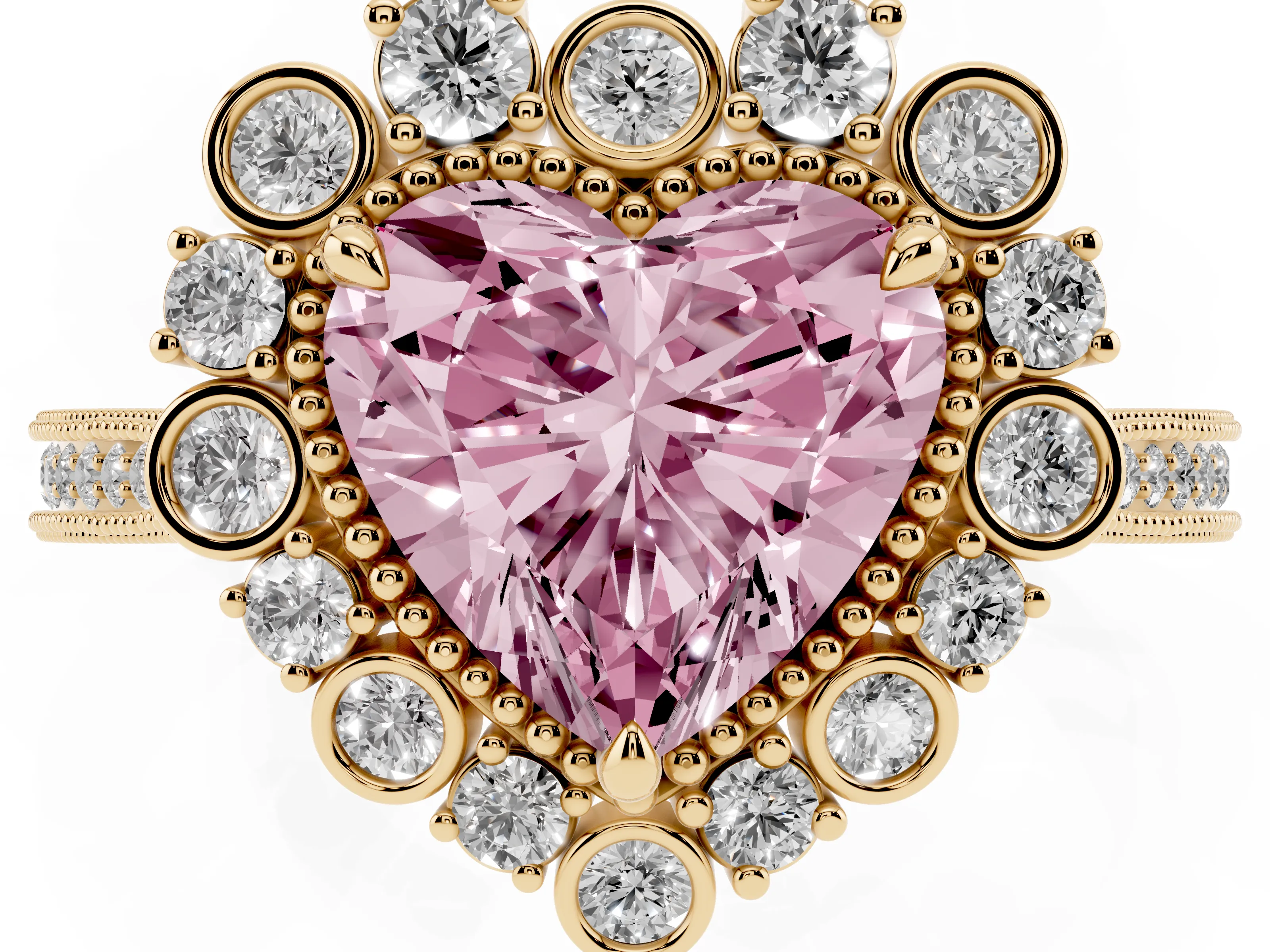 Fancy Pink Heart Cut Diamond Halo Milgrain Pavé Ring Set in Yellow gold with Prong Setting