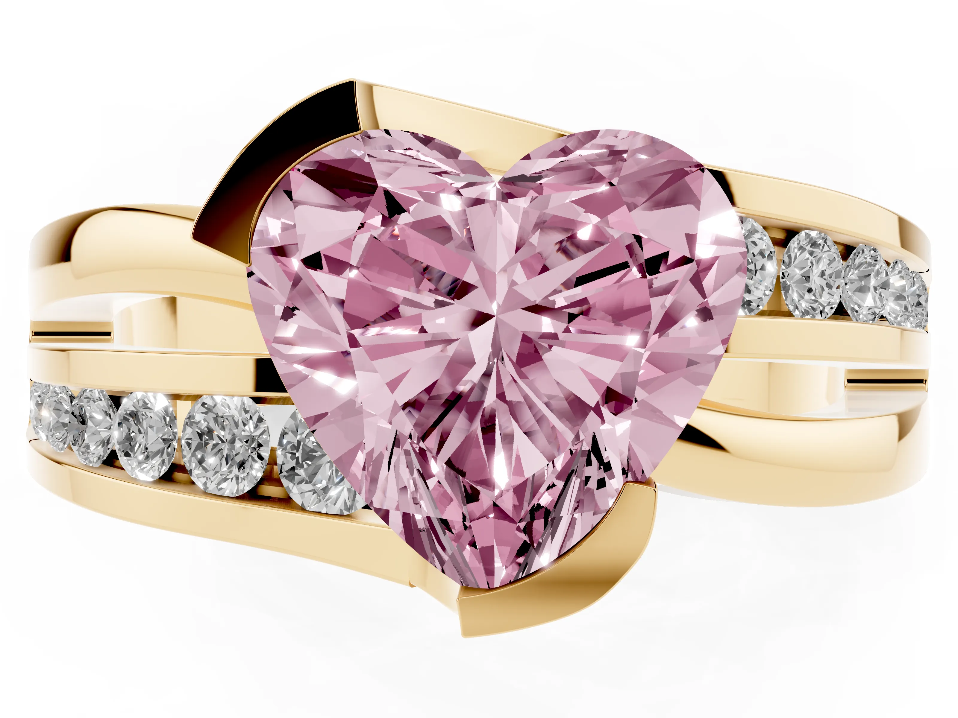Fancy Pink Heart Cut Diamond Solitaire Ring Set in Yellow gold with Channel Set Split Shank and Tension Prongs