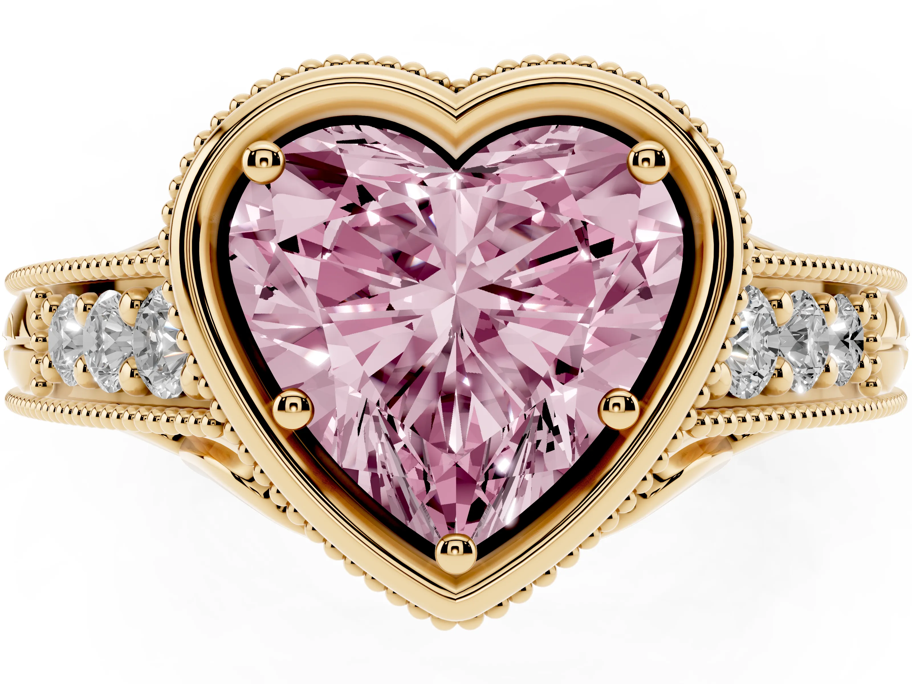 Fancy Pink Bezel Set Heart Cut Diamond Milgrain Pavé Engagement Ring Set in Yellow gold
