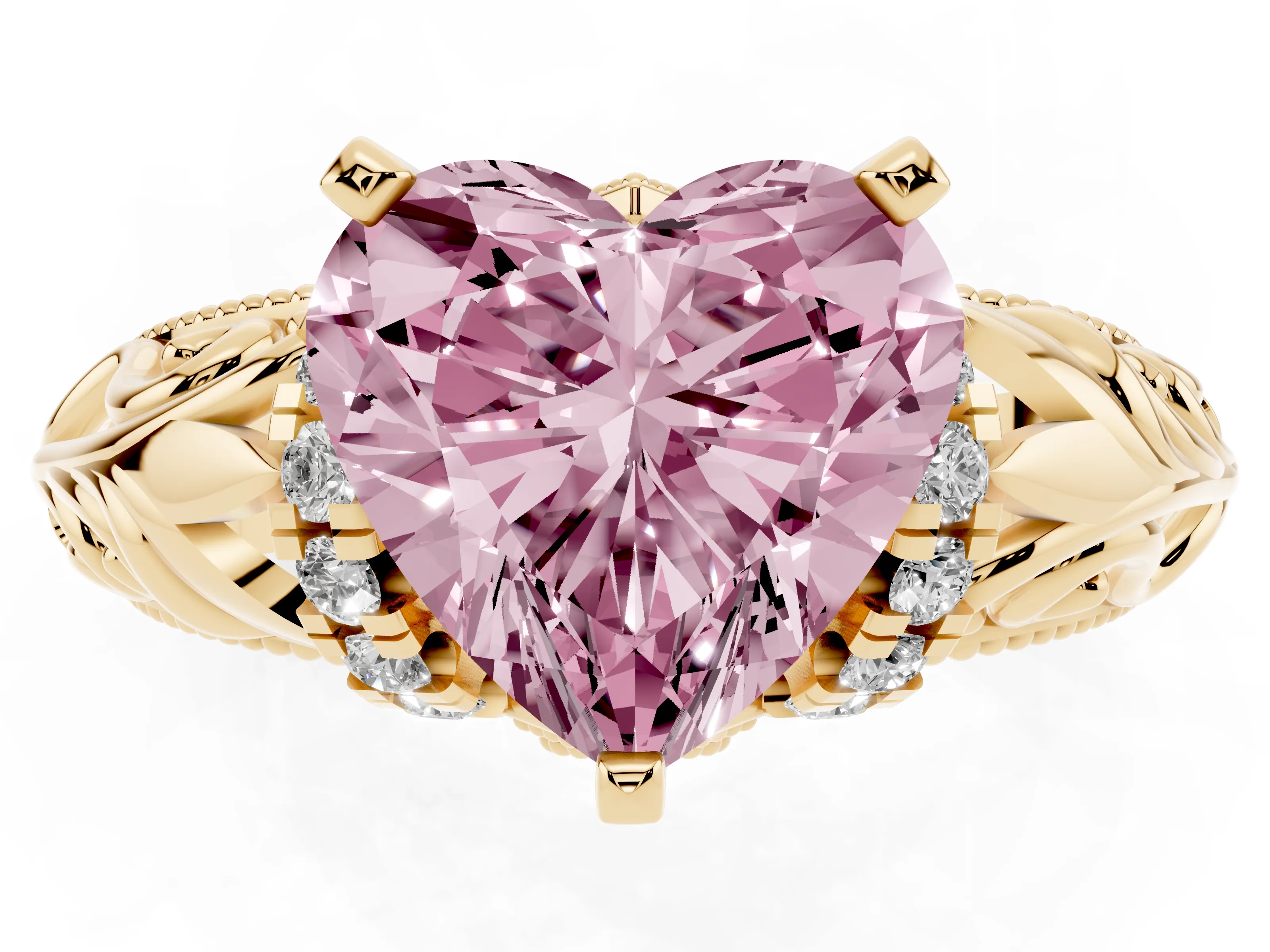 Fancy Pink Heart Cut Diamond Filigree Halo Engagement Ring Set in Yellow gold with Prong Setting