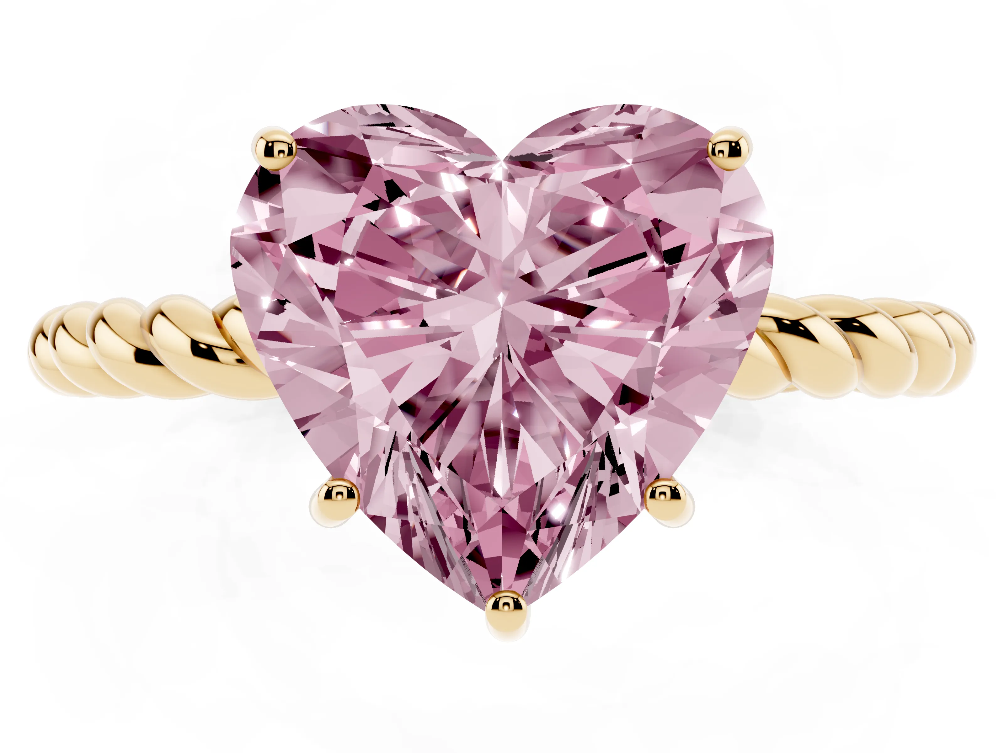 Fancy Pink Heart Cut Diamond Solitaire Ring Set in Yellow gold with Twist Band and Prong Setting