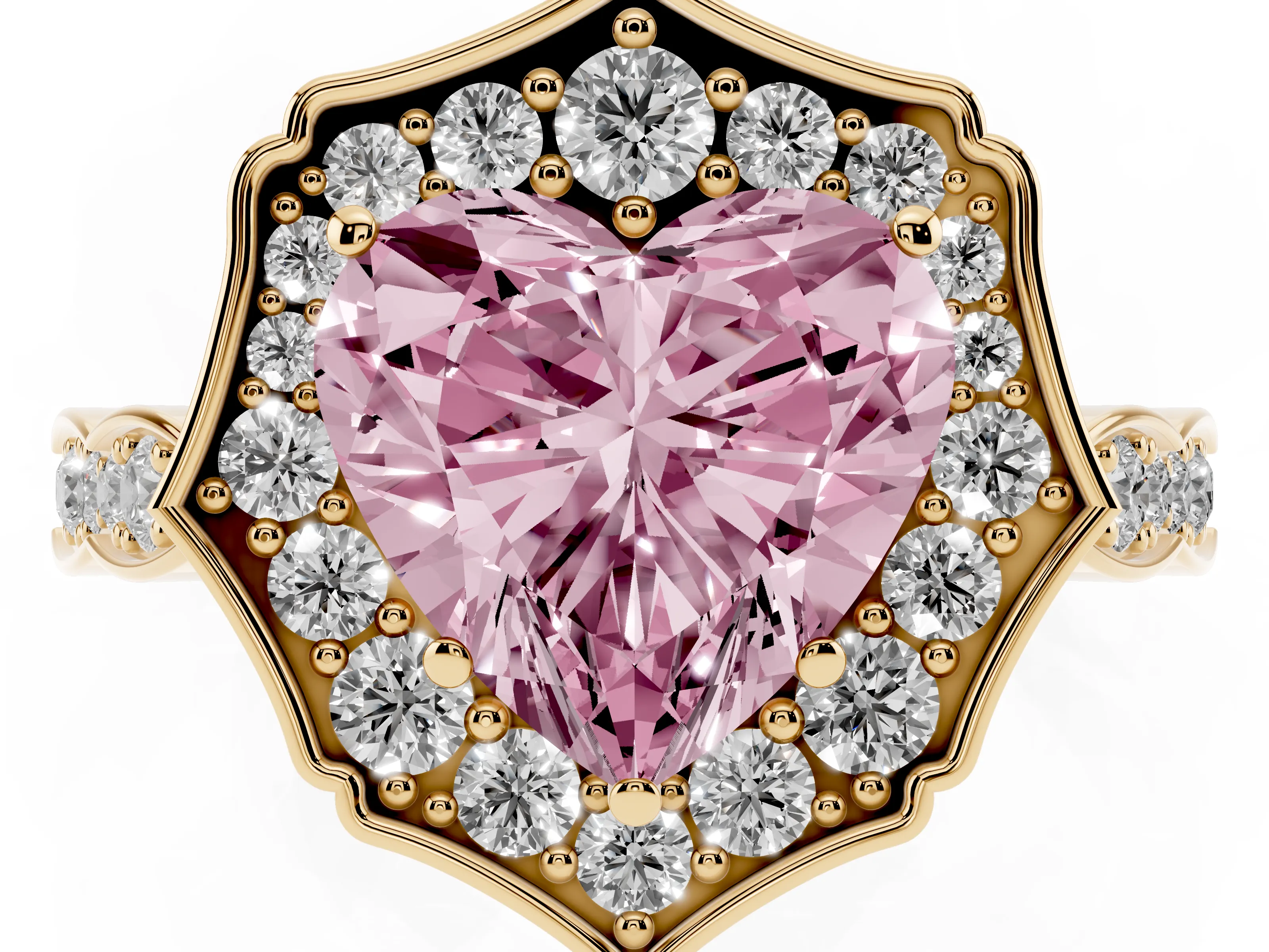 Fancy Pink Heart Cut Diamond Halo Engagement Ring Set in Yellow gold with Milgrain Band and Prong Setting