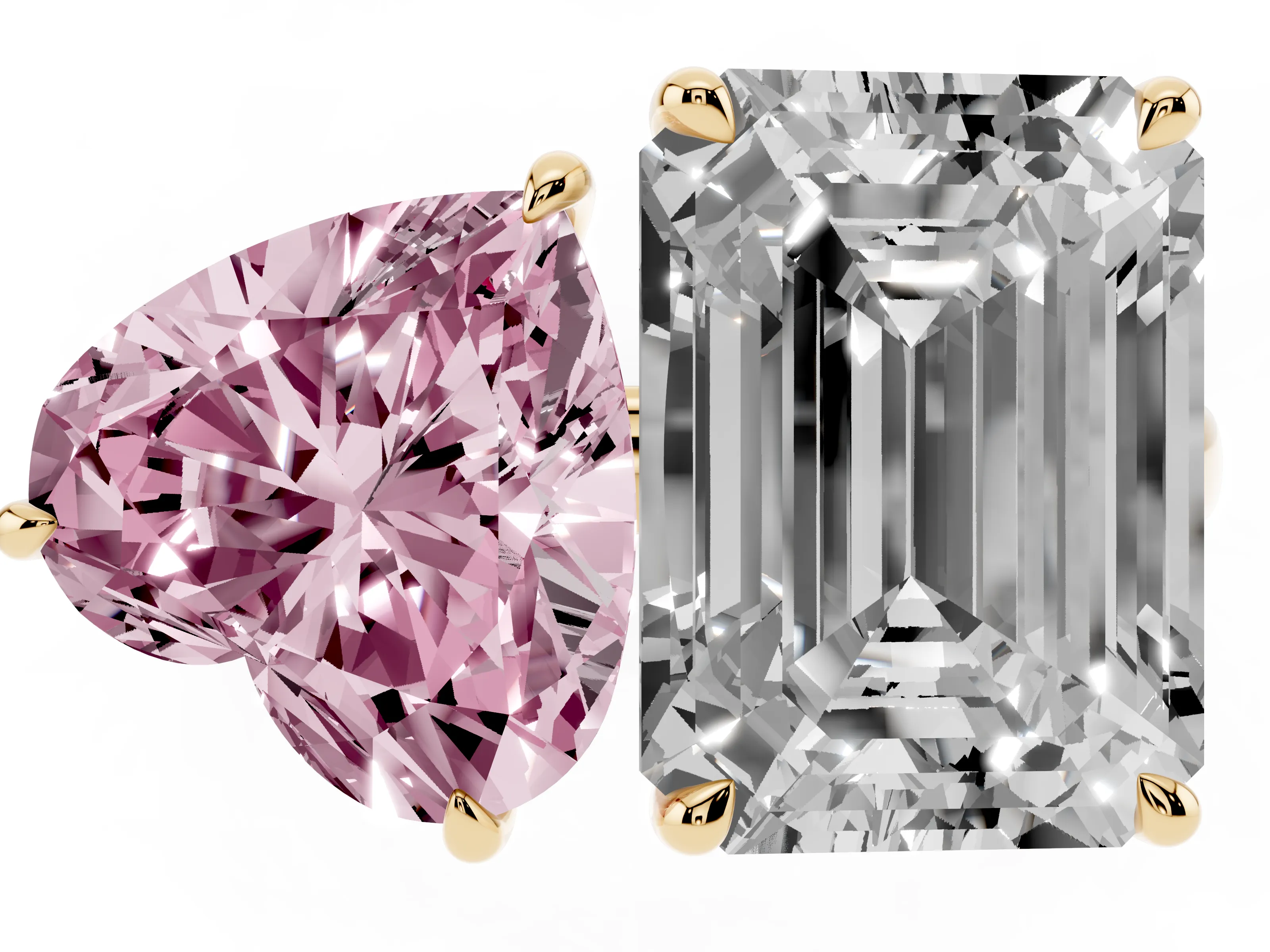Fancy Pink Heart Cut and Emerald Cut Toi Moi Ring Set in Yellow gold with Prong Setting