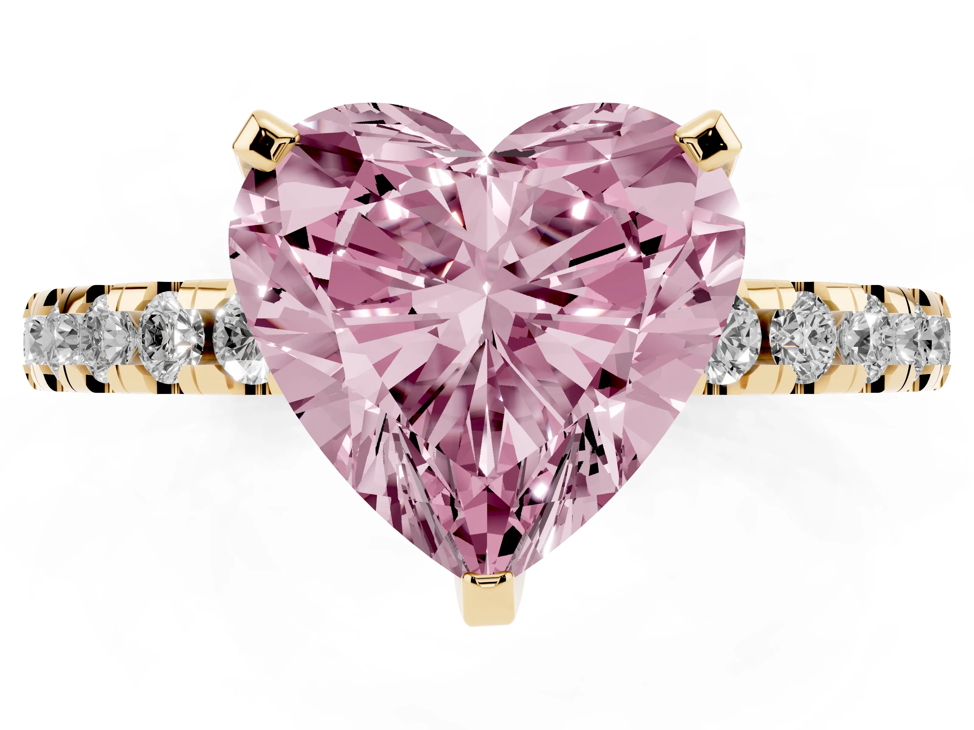 Fancy Pink Heart Cut Diamond Pavé Solitaire Ring Set in Yellow gold with Round Band Accents and Prong Setting