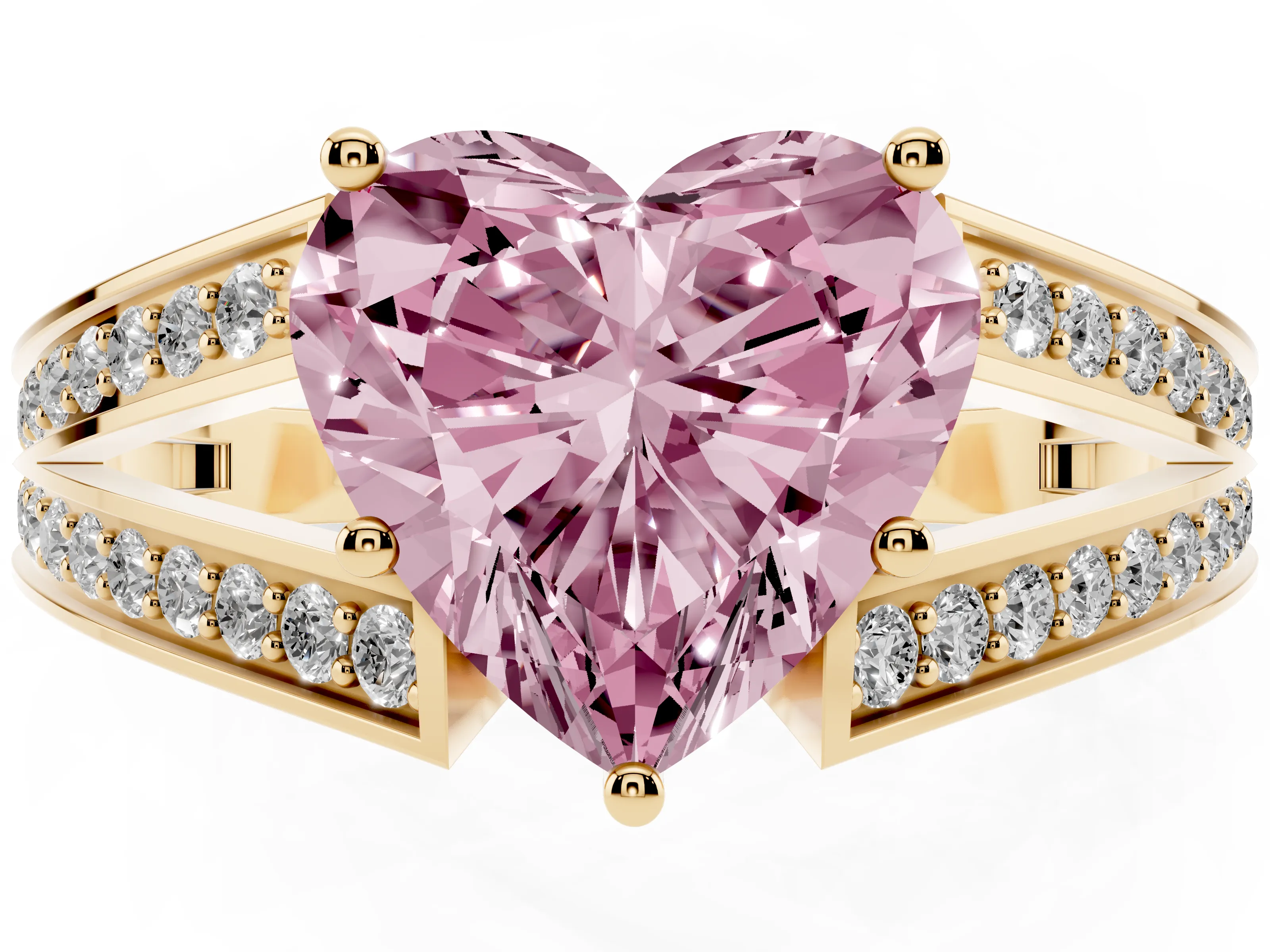 Fancy Pink Heart Cut Diamond Split Shank Ring Set in Yellow gold with Pavé Band and Prong Setting