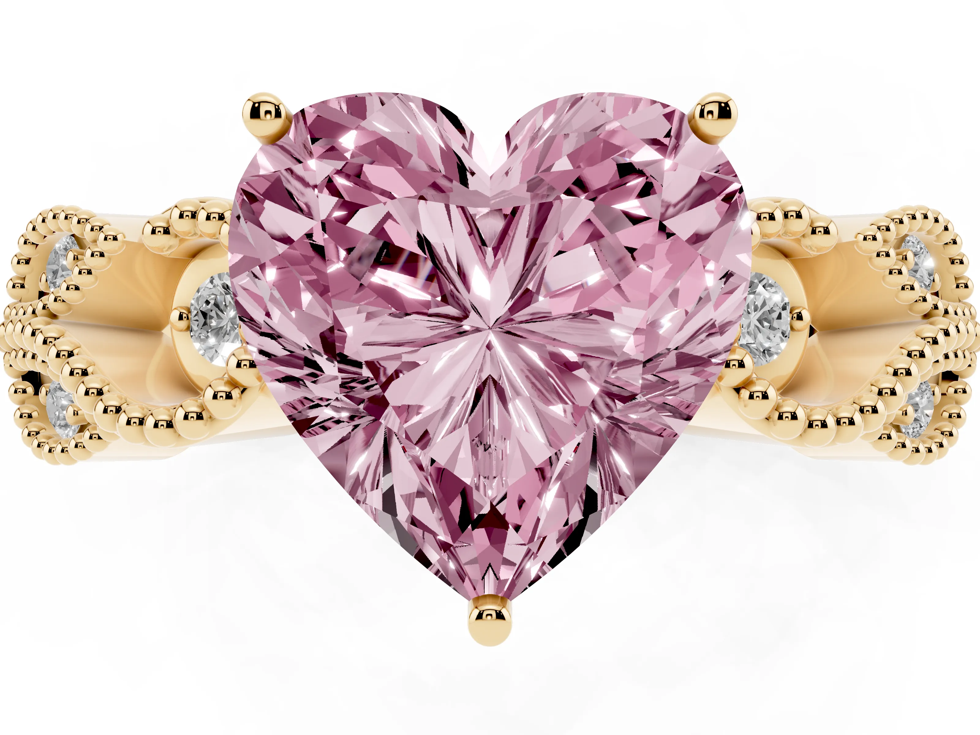 Fancy Pink Heart Cut Diamond Milgrain Leaf Band Solitaire Ring Set in Yellow gold with Accent Stones and Prong Setting