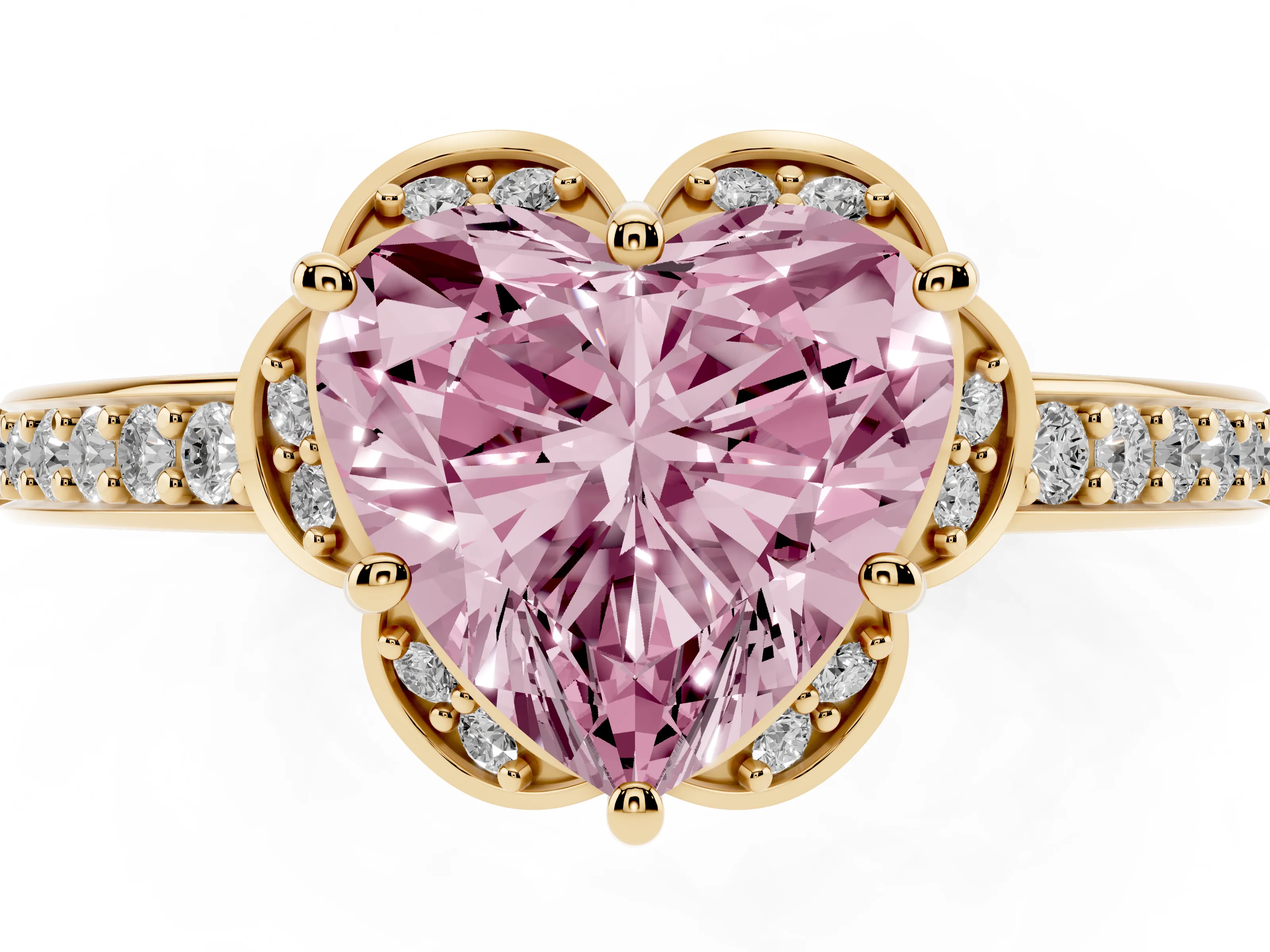 Fancy Pink Heart Cut Diamond Halo Ring Set in Yellow gold with Channel Set Band and Prong Setting
