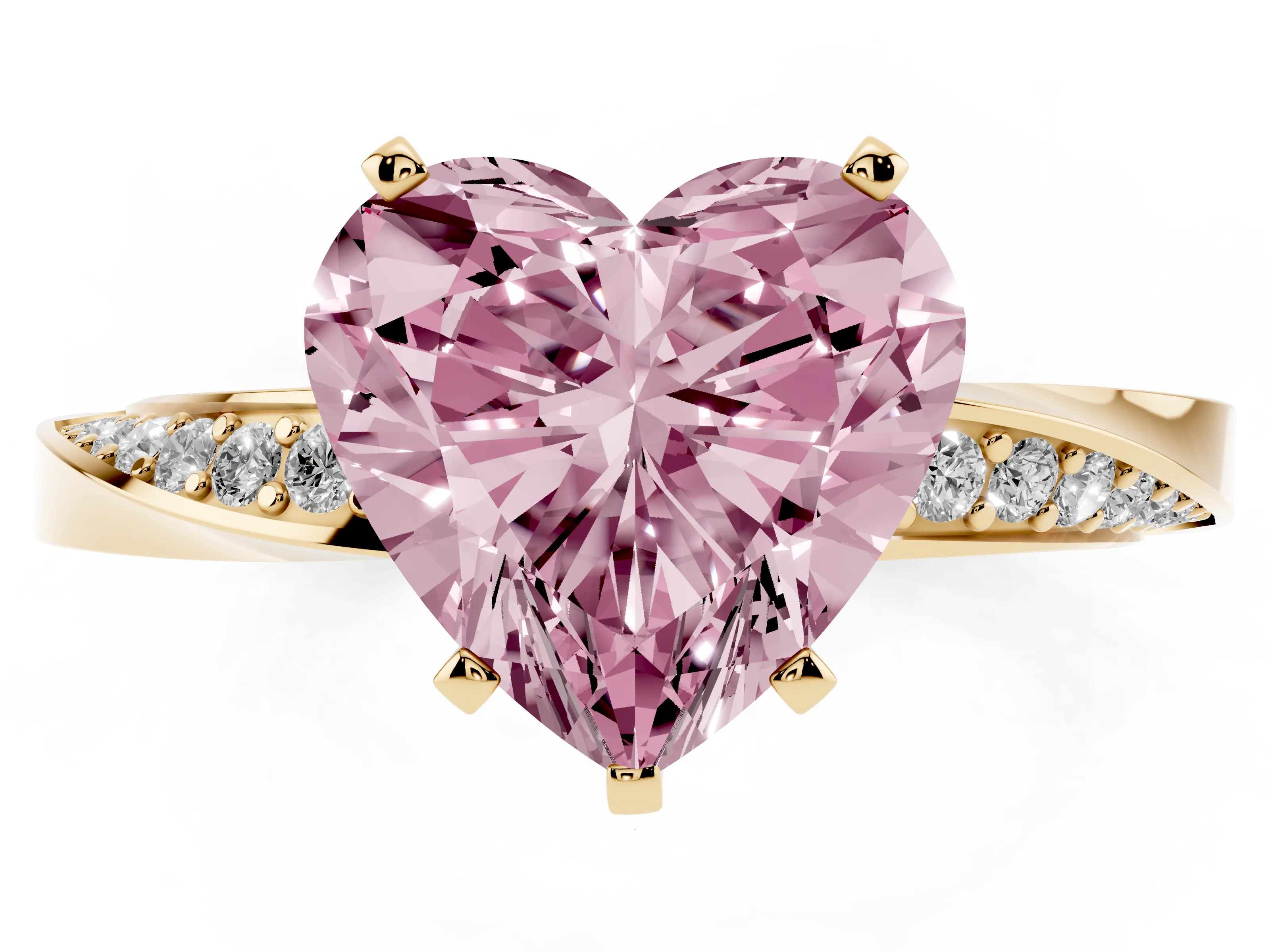 Fancy Pink Heart Cut Diamond Engagement Ring Set in Yellow gold with Side Stone Accents and Prong Setting