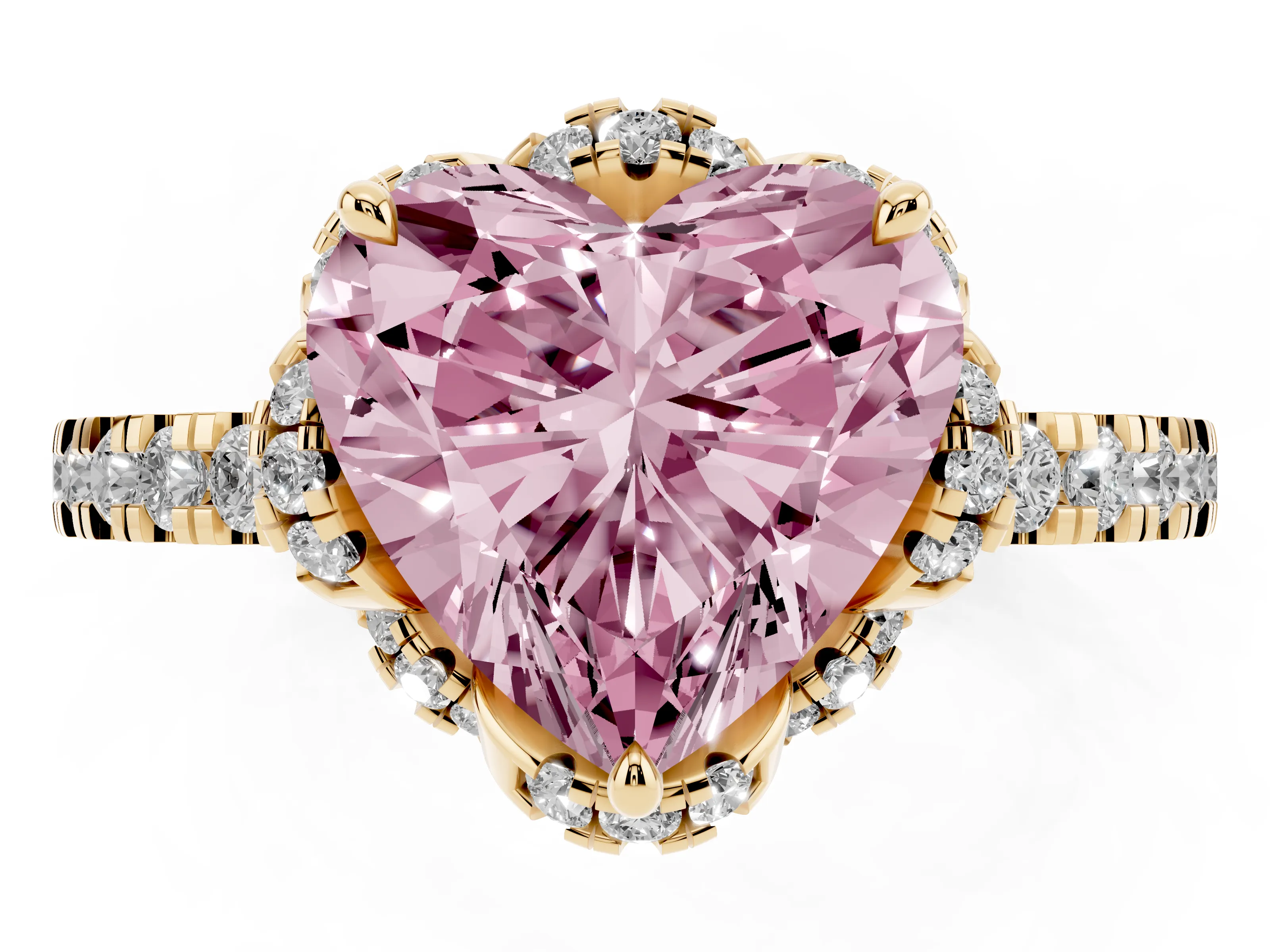 Fancy Pink Heart Cut Diamond Halo Pavé Band Ring Set in Yellow gold with Prong-Held Center
