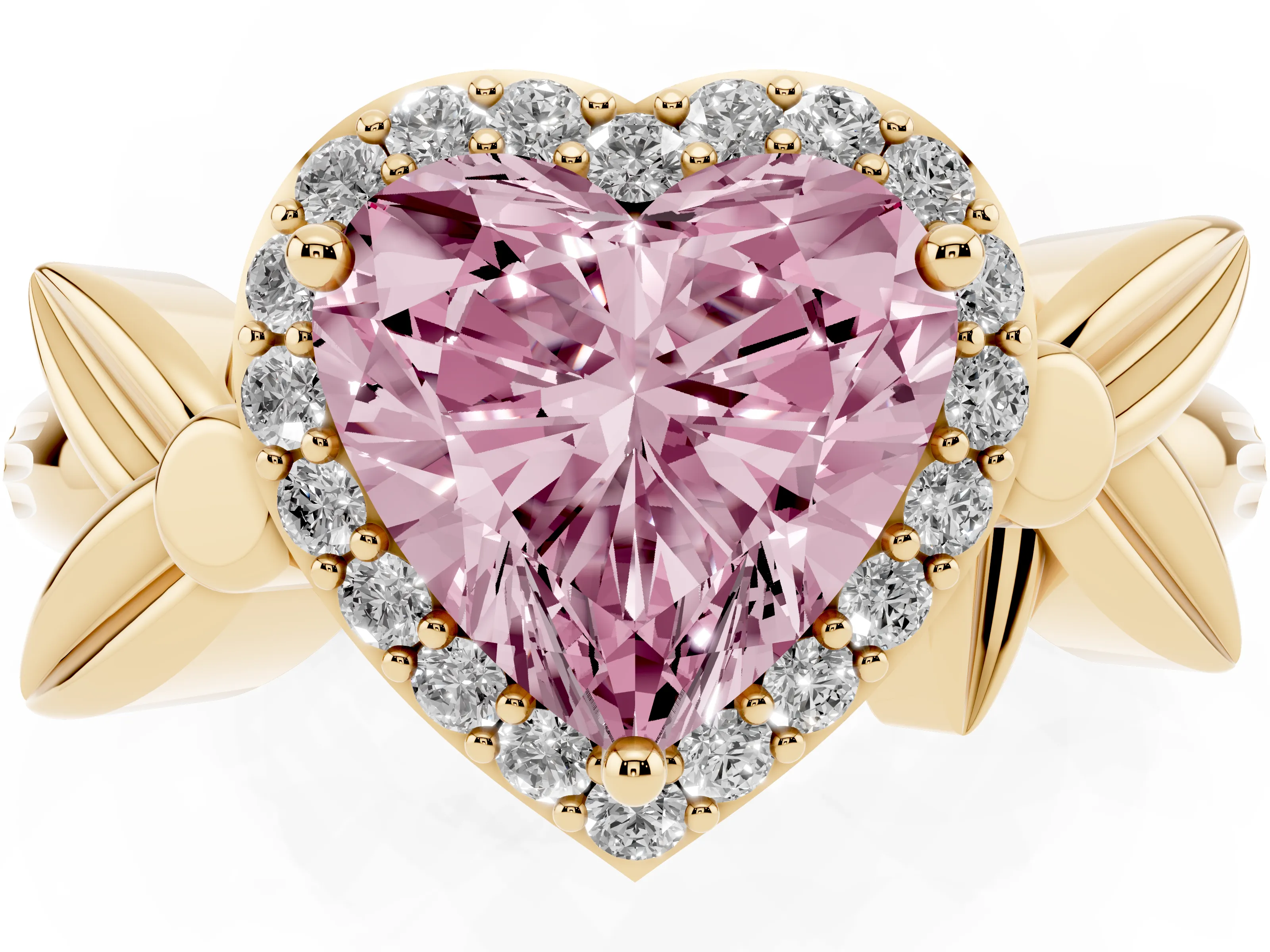 Fancy Pink Heart Cut Diamond Halo Floral Band Ring Set in Yellow gold with Prong Setting