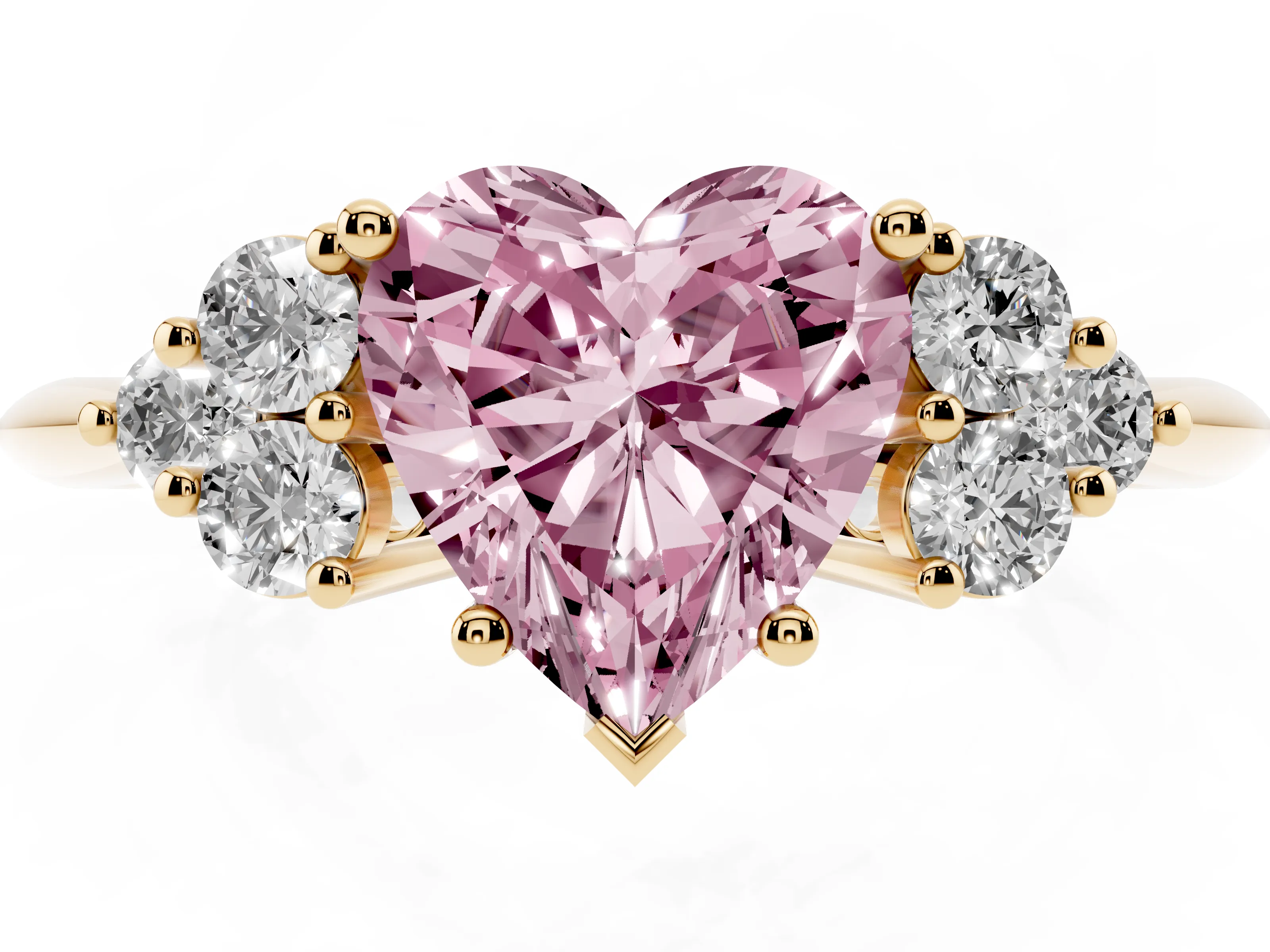 Fancy Pink Heart Cut Diamond Cluster Ring Set in Yellow gold with Plain Band and Prong Setting
