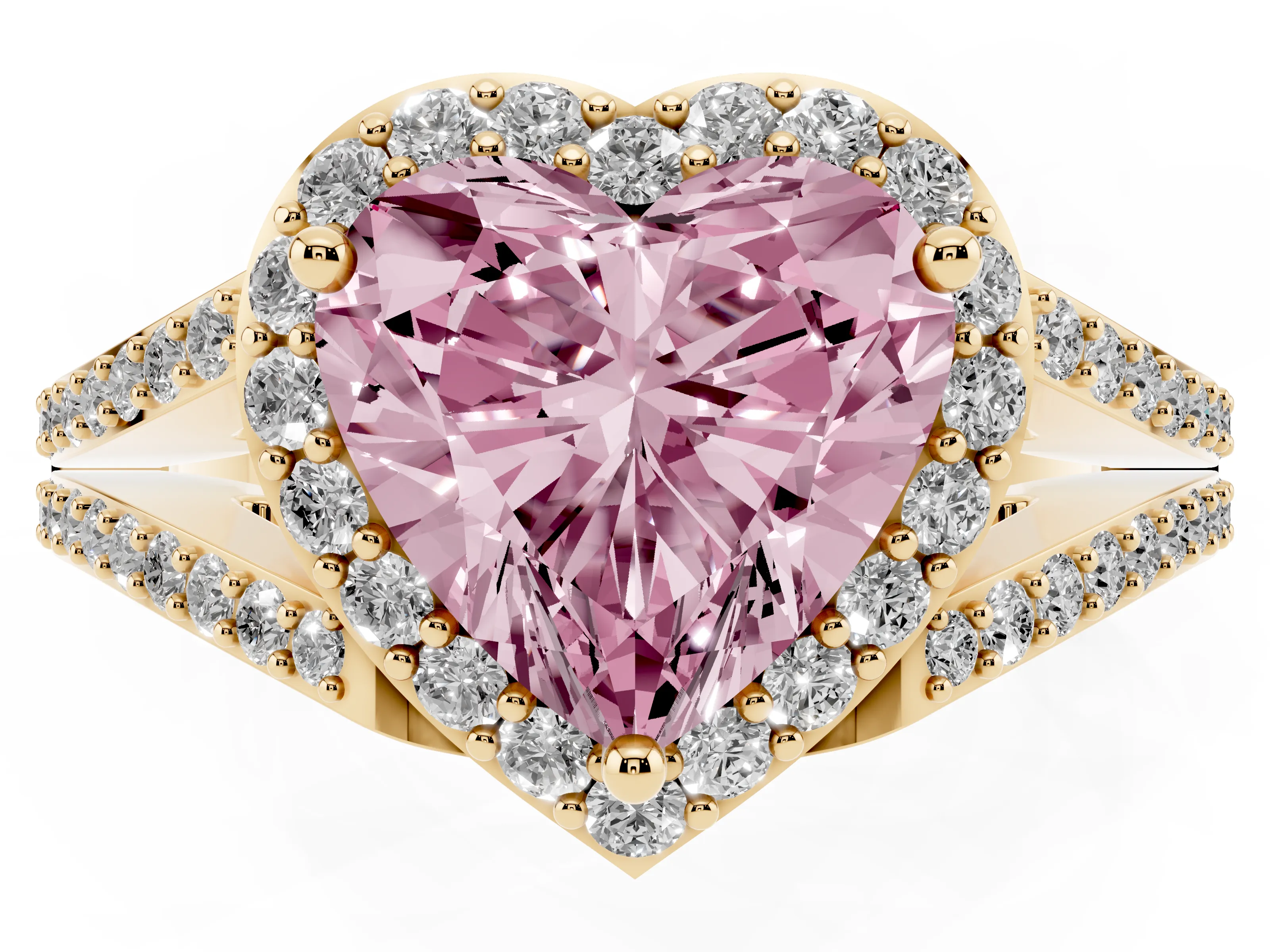 Fancy Pink Heart Cut Diamond Halo Split Shank Pavé Ring Set in Yellow gold with Prong Setting