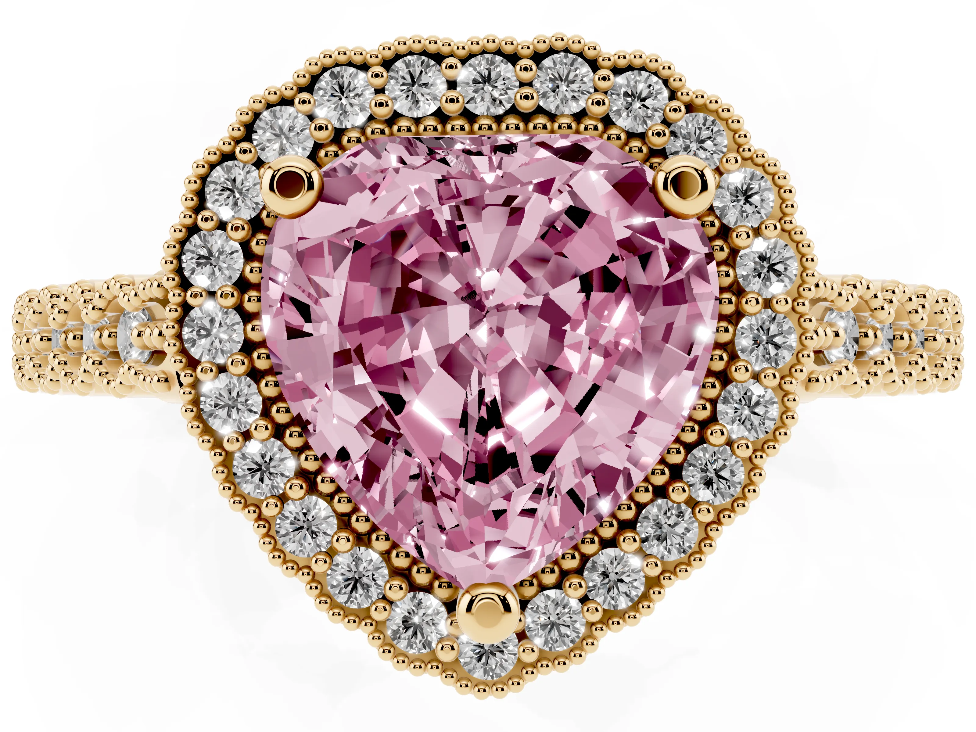 Fancy Pink Heart Cut Diamond Halo Ring Set in Yellow gold with Pavé Milgrain Band