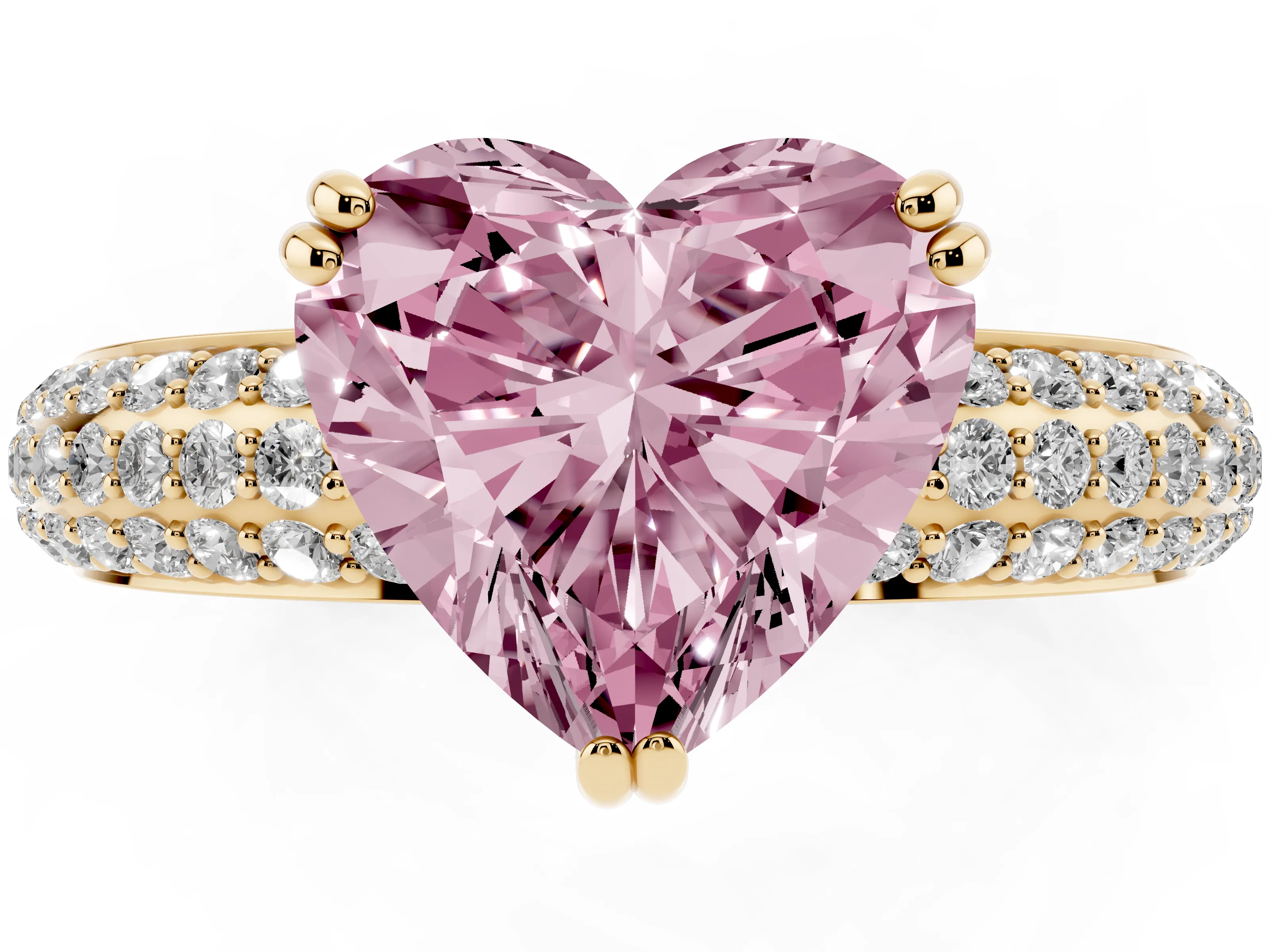 Fancy Pink Heart Cut Diamond Solitaire Ring Set in Yellow gold with Multi-Row Round Pavé Band and Prong Setting