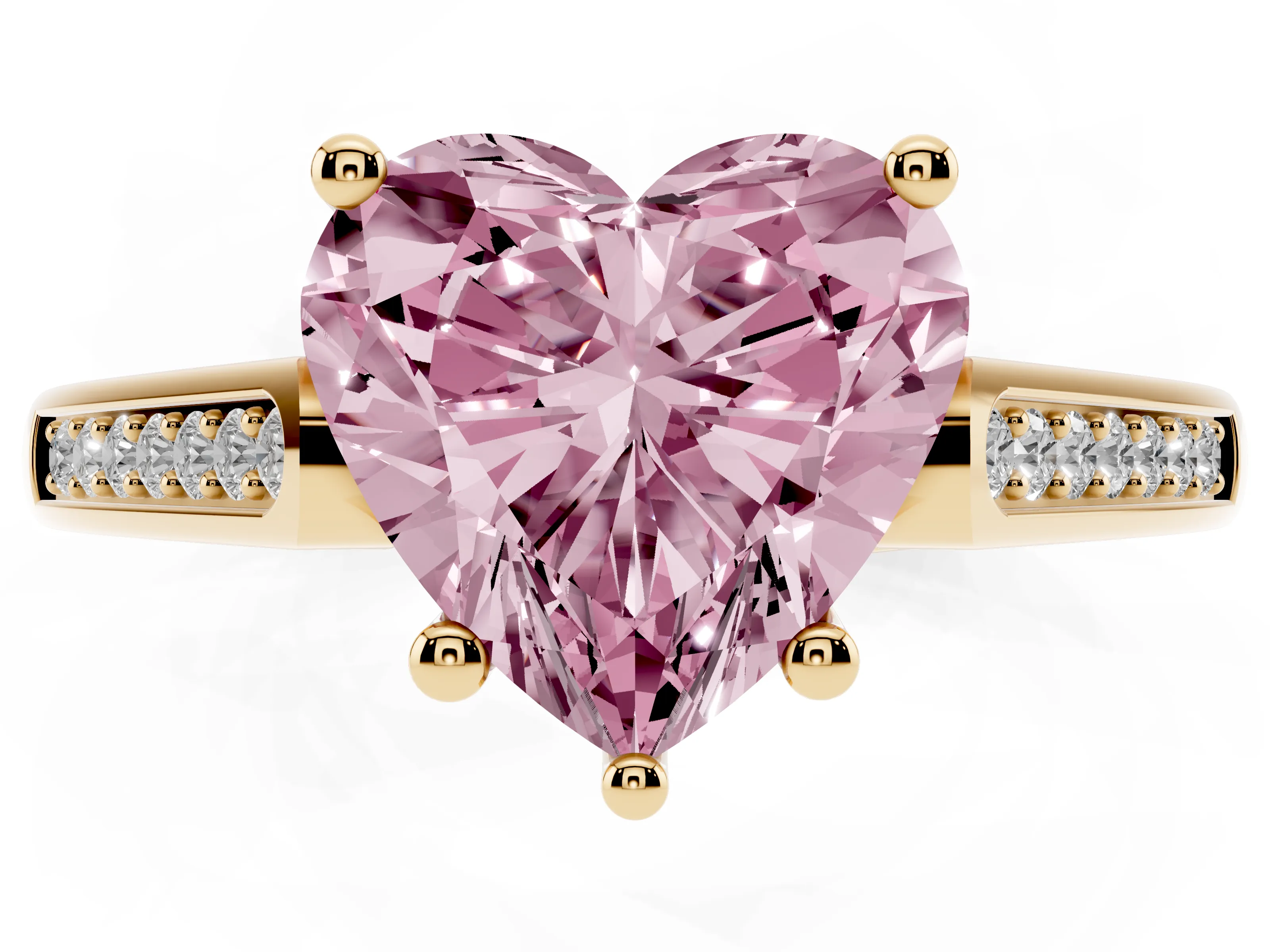 Fancy Pink Heart Cut Diamond Solitaire Cathedral Engagement Ring Set in Yellow gold with Channel-Set Band and Prong Setting