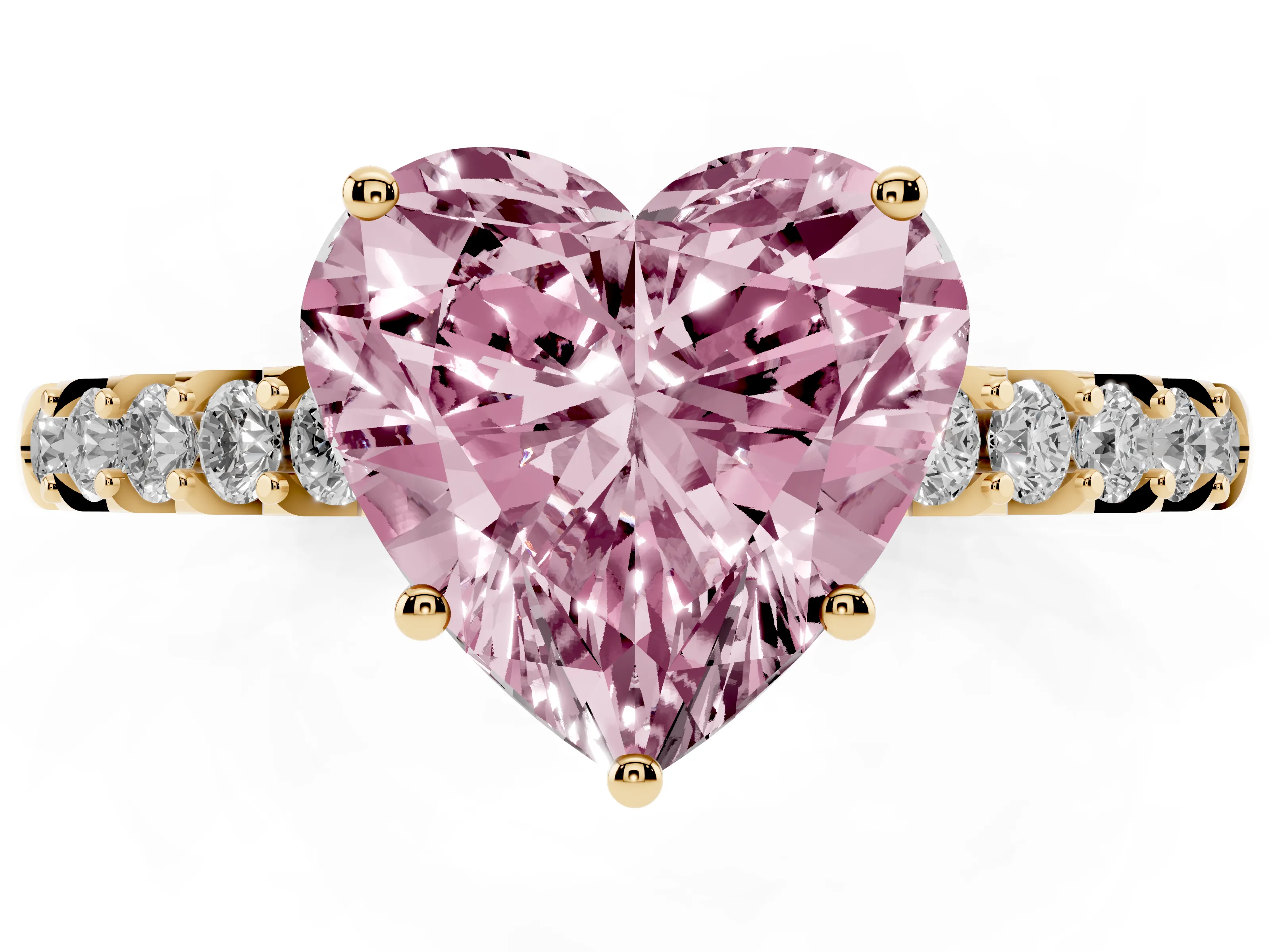 Fancy Pink Heart Cut Diamond Solitaire Engagement Ring Set in Yellow gold with Pavé Band and Prong Setting