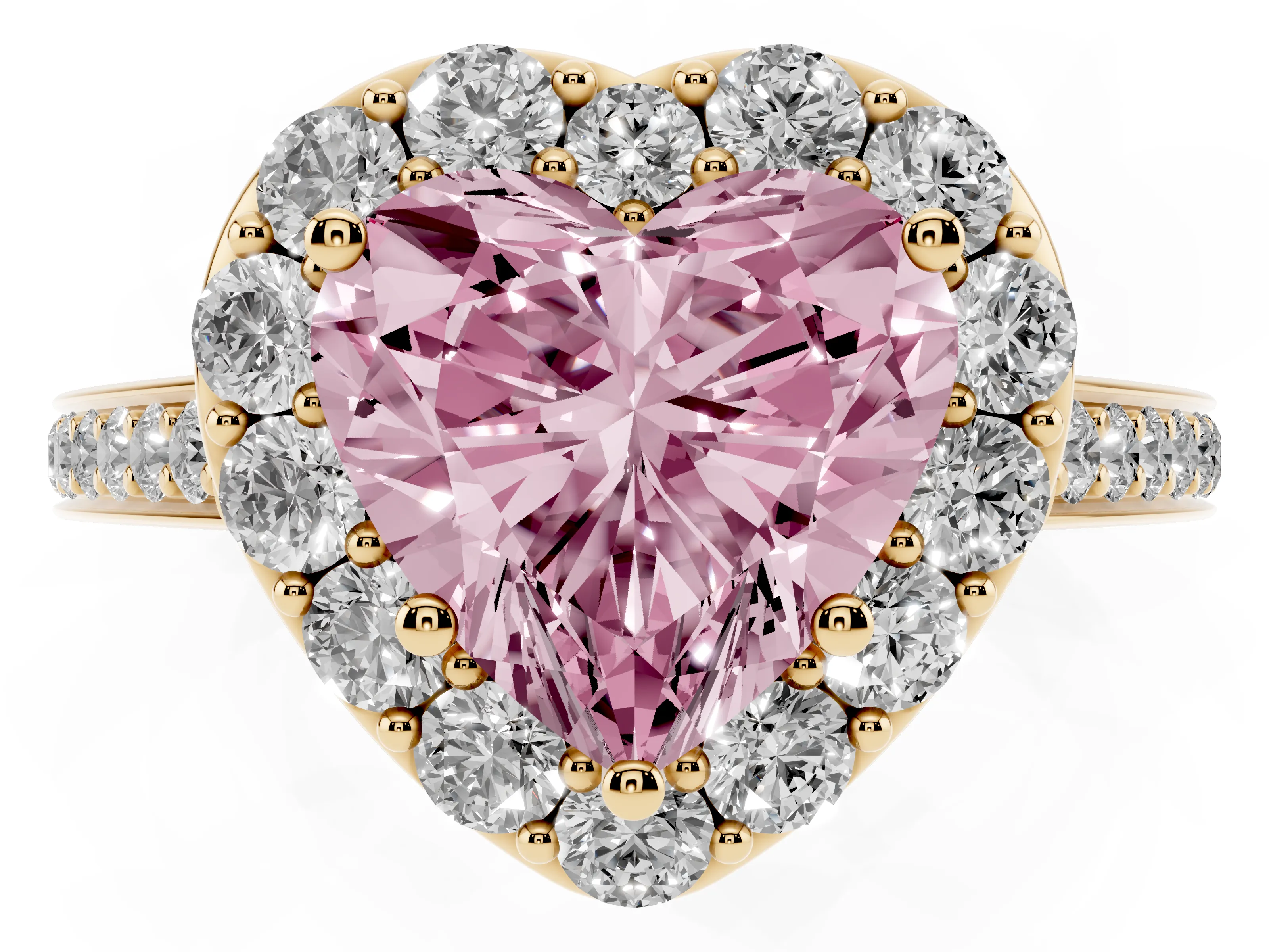 Fancy Pink Heart Cut Diamond Floral Halo Ring Set in Yellow gold with Pavé Band and Prong Setting