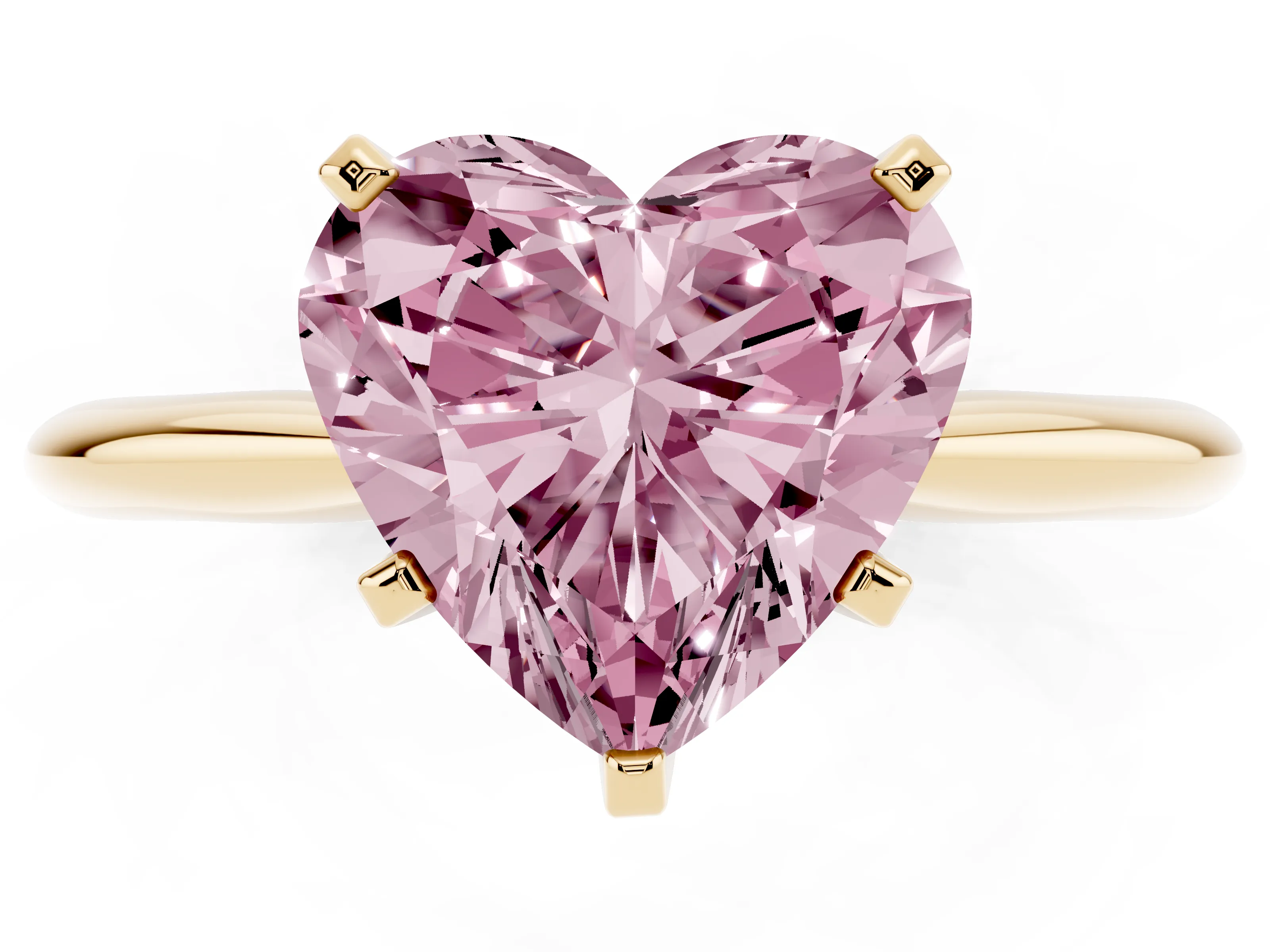Fancy Pink Heart Cut Diamond Solitaire Ring Set in Yellow gold with Prong Setting on a Plain Round Band
