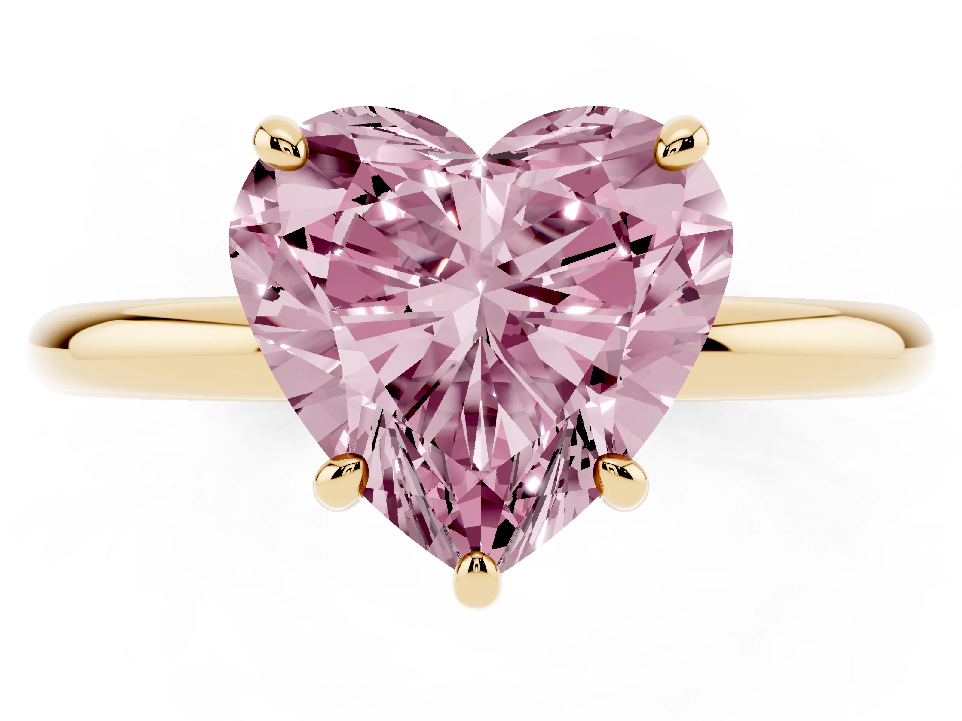 Fancy Pink Heart Cut Diamond Solitaire Ring Set in Yellow gold with Prong Setting on a Polished Plain Band