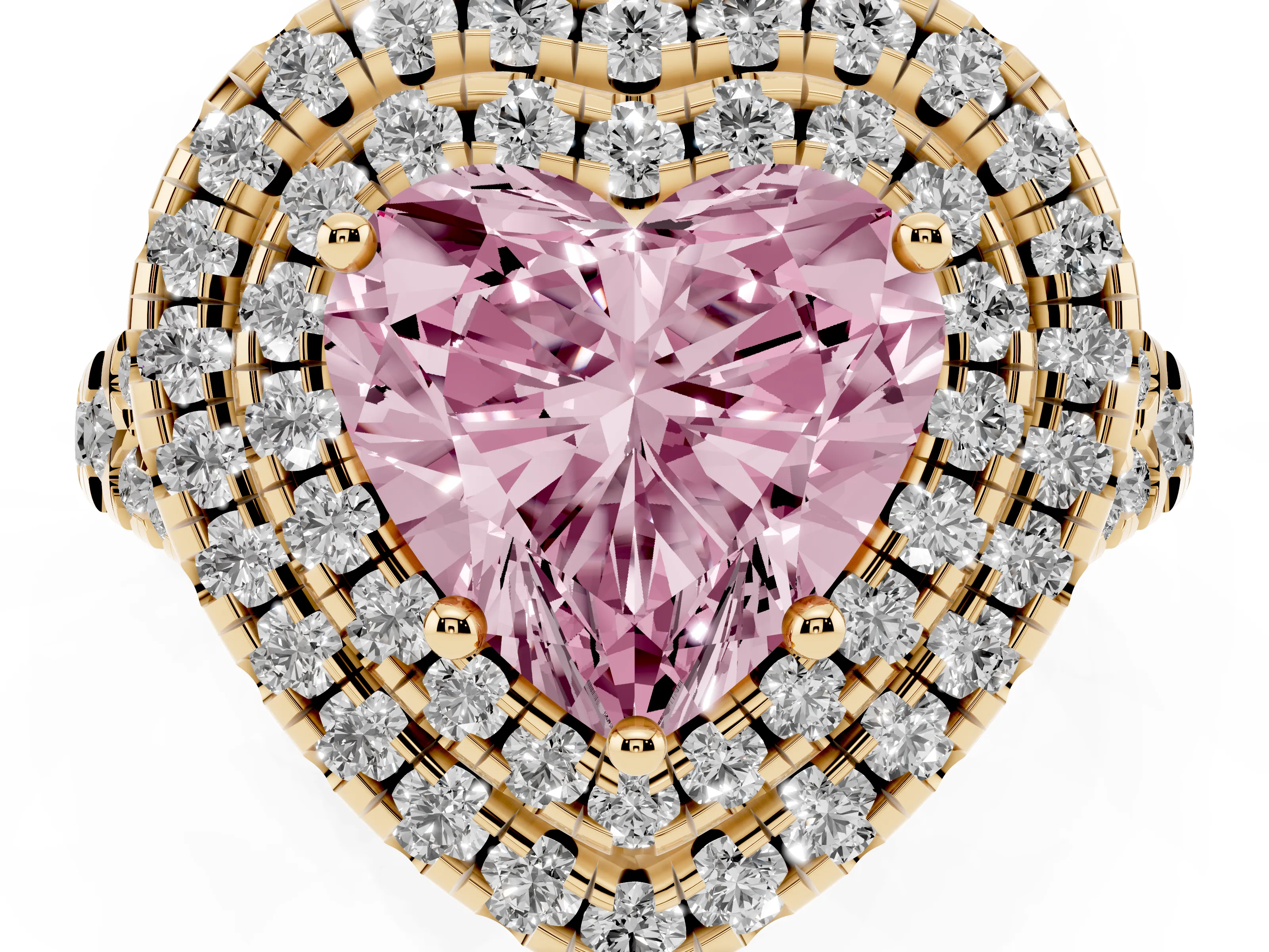 Fancy Pink Heart Cut Diamond Double Halo Ring Set in Yellow gold with Pavé Split Shank and Prong Setting