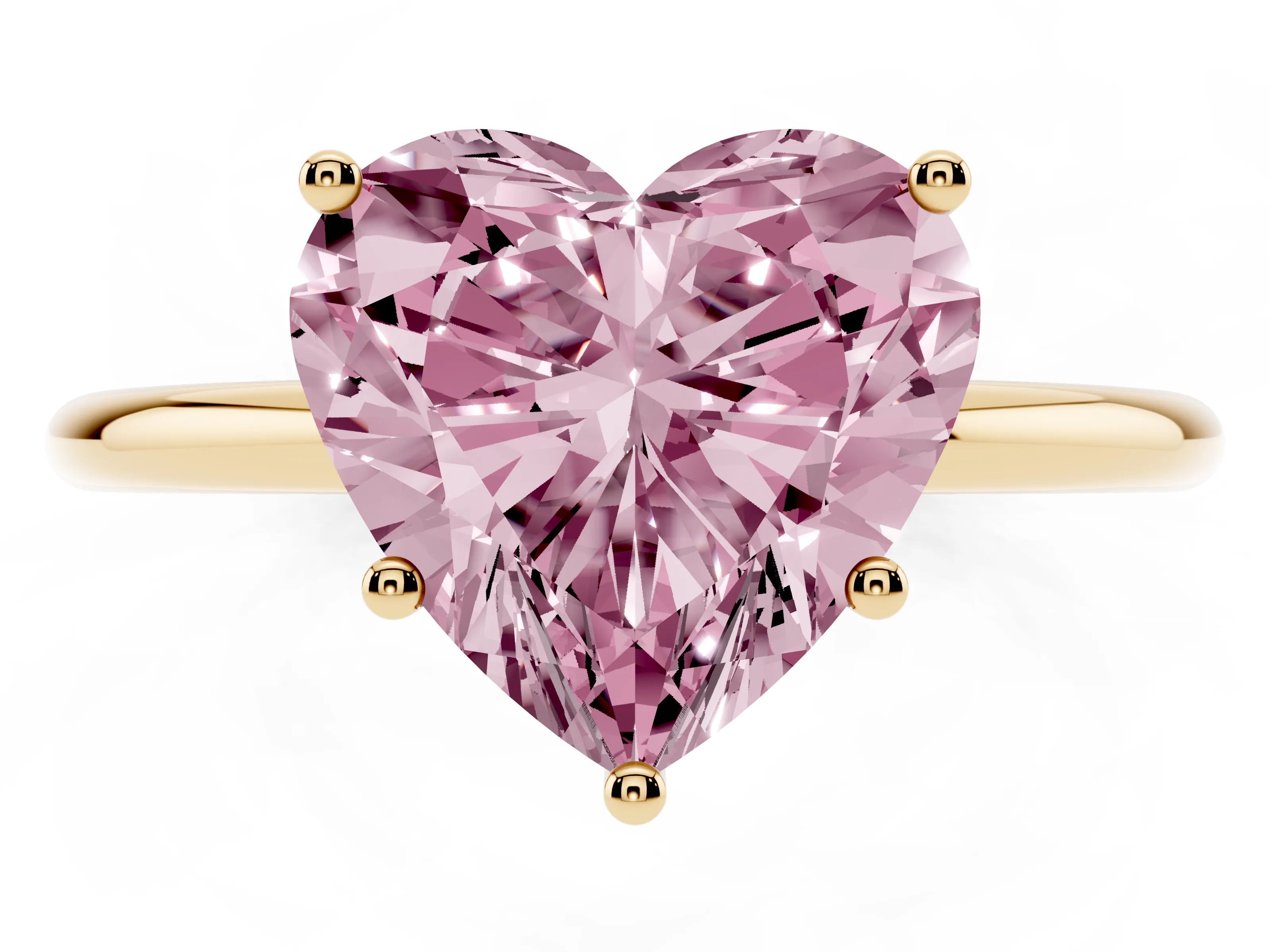 Fancy Pink Heart Cut Diamond Solitaire Engagement Ring Set in Yellow gold with Thin Band and Prong Setting