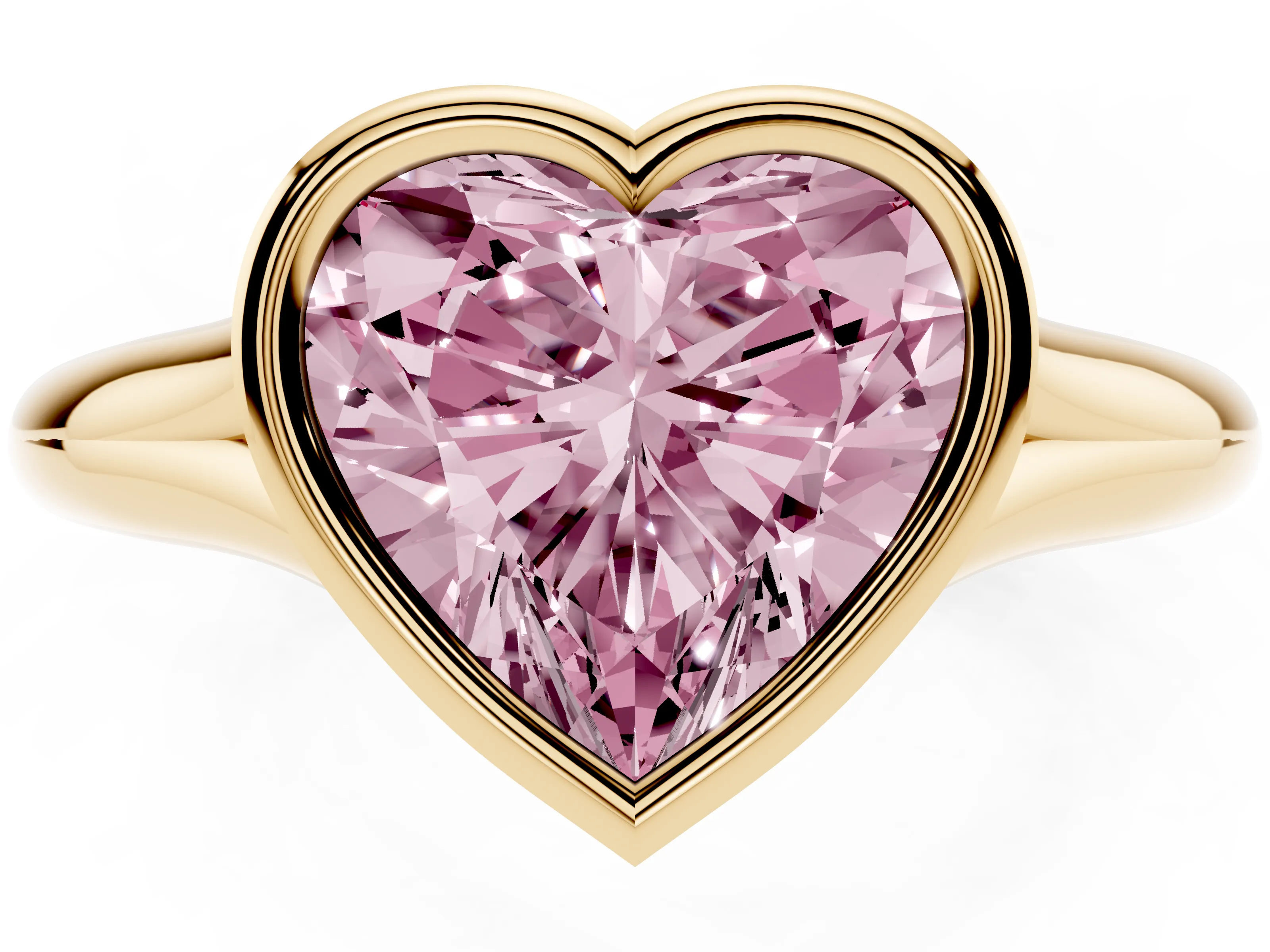 Fancy Pink Bezel Set Heart Cut Diamond Solitaire Ring Set in Yellow gold with Smooth Band