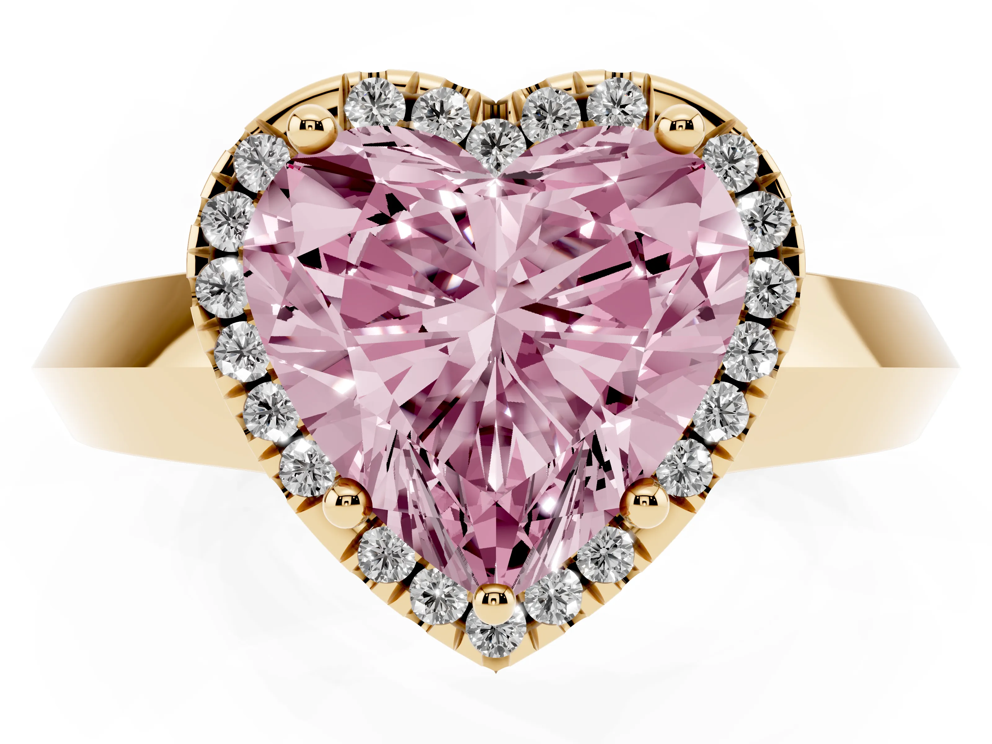Fancy Pink Heart Cut Diamond Halo Ring Set in Yellow gold with Cathedral Band and Prong Setting