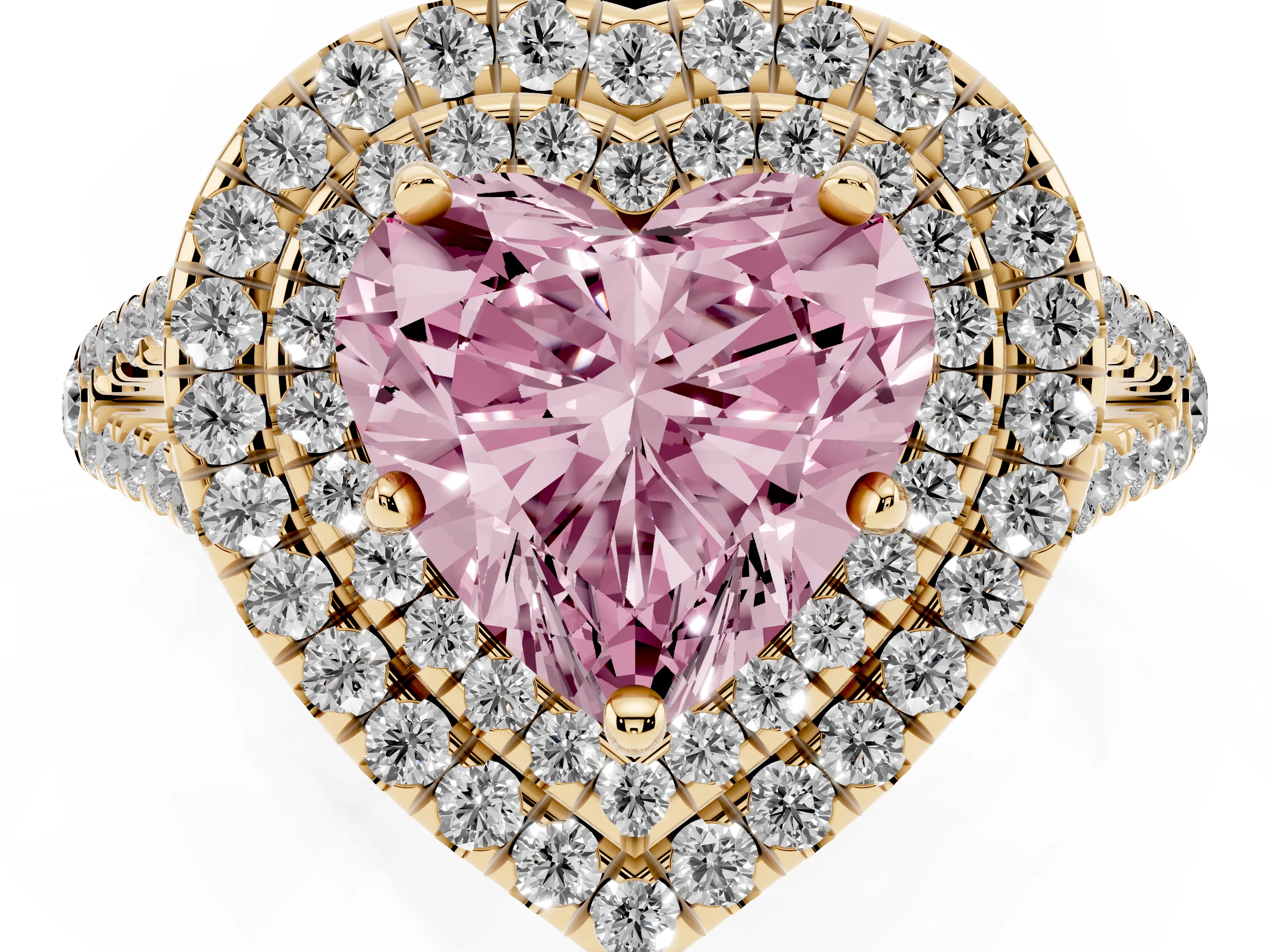 Fancy Pink Heart Cut Diamond Double Halo Ring Set in Yellow gold with Pavé Band