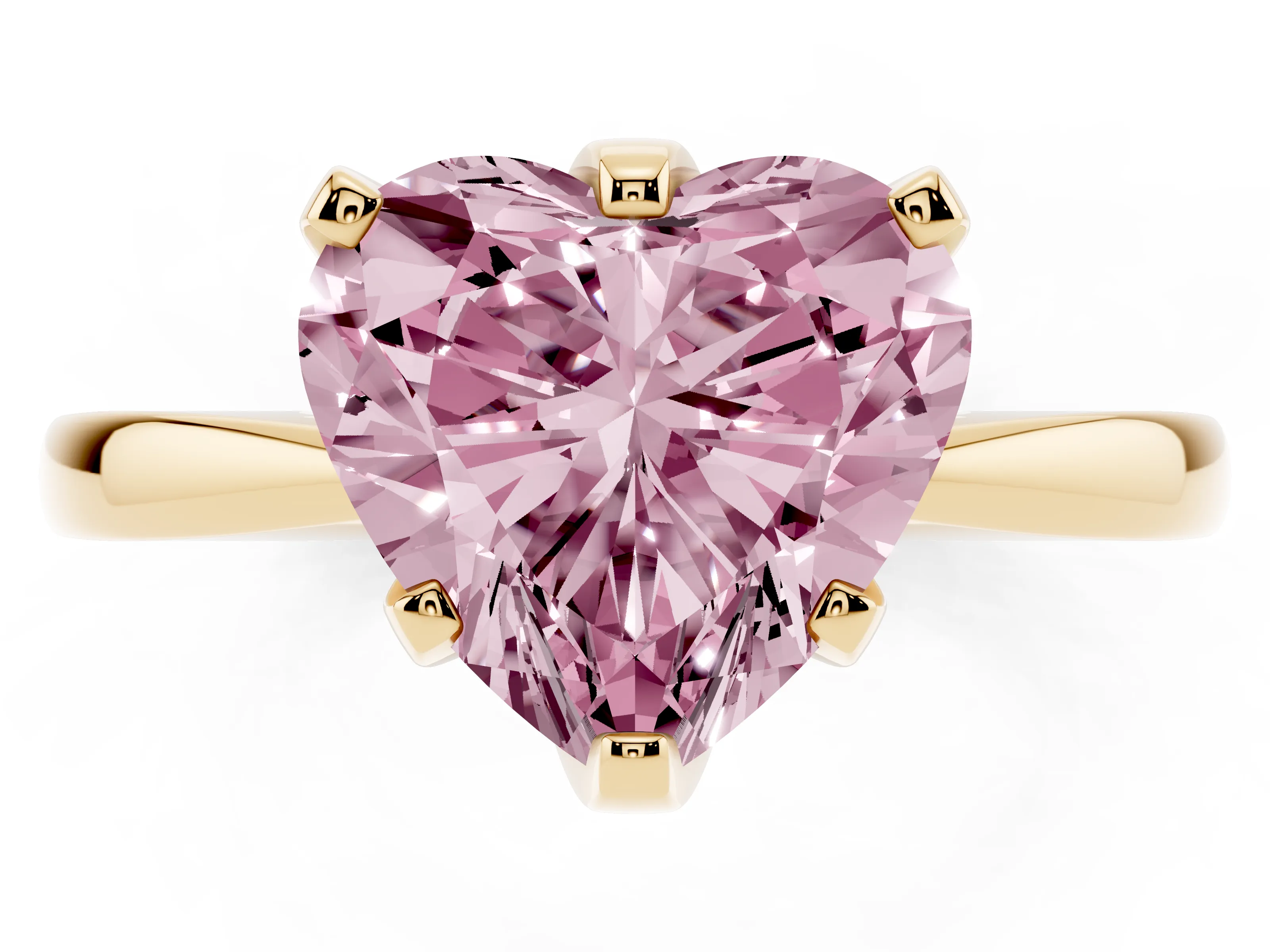 Fancy Pink Heart Cut Diamond Solitaire Engagement Ring Set in Yellow gold with Slim Tapered Solitaire Band