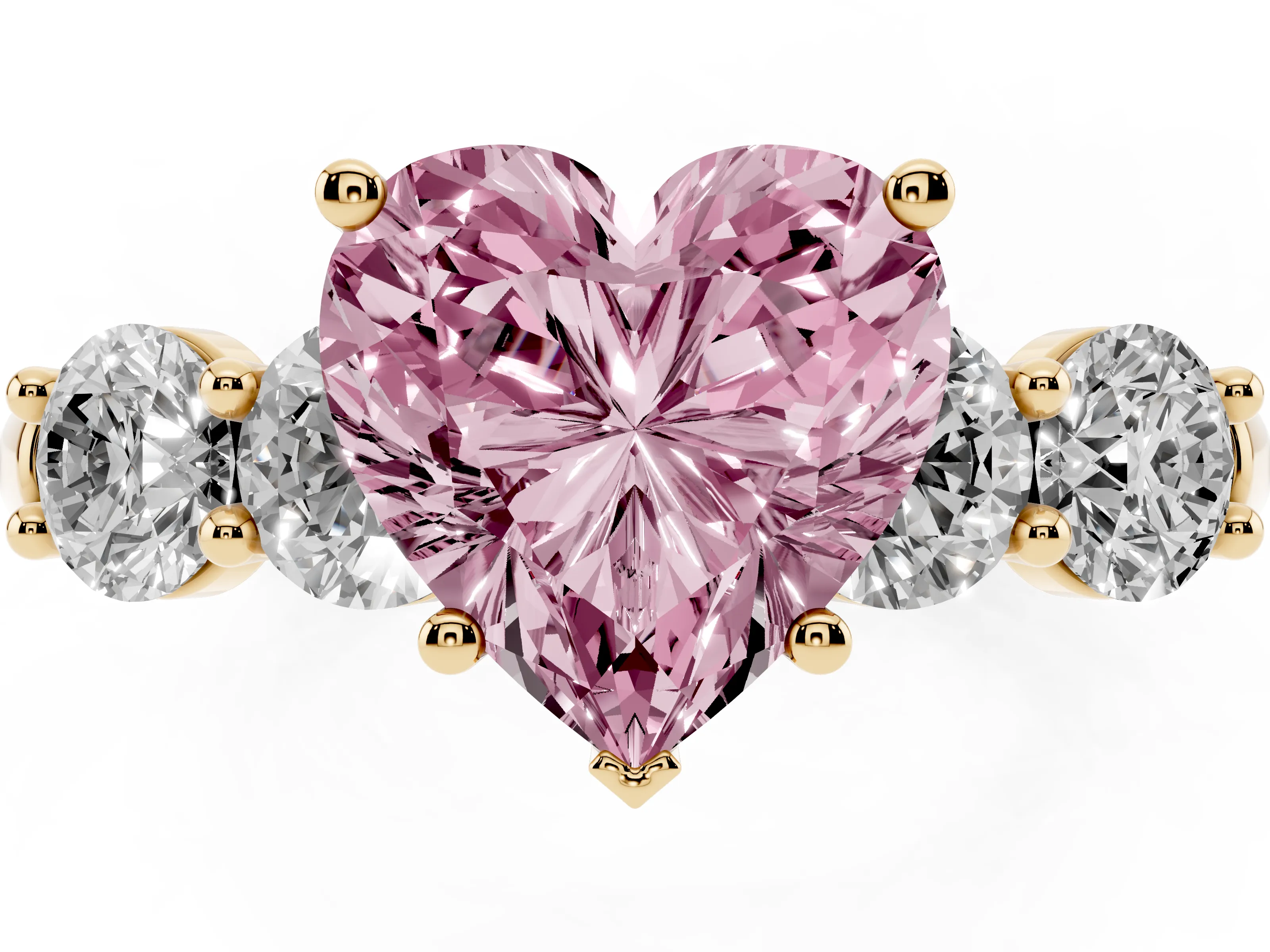 Fancy Pink Heart Cut Diamond Five-Stone Prong Set Ring Set in Yellow gold with Classic Band